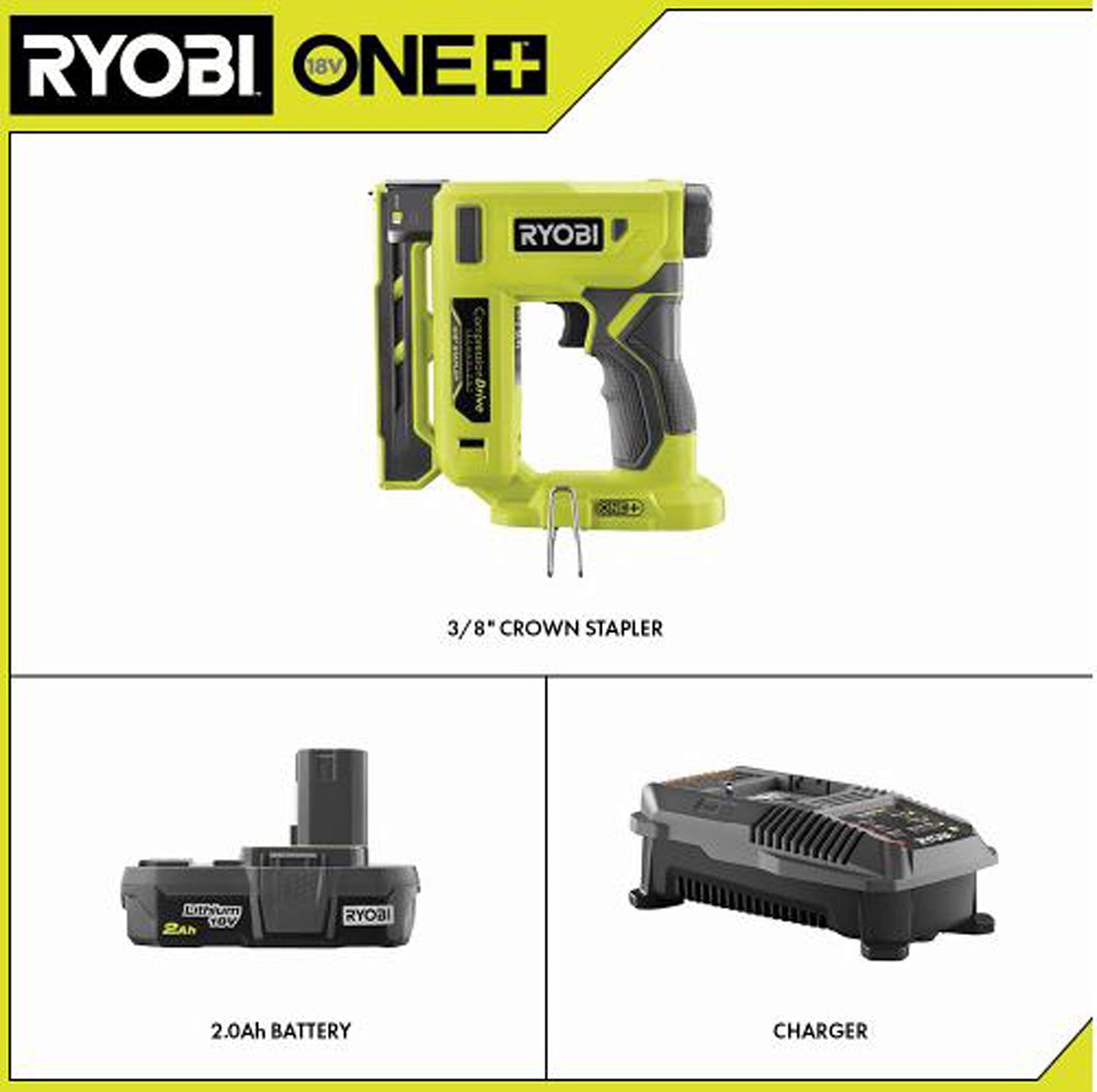 RYOBI P317-P163 18-Volt ONE+ Cordless Compression Drive 3/8 in. Crown Stapler Kit with 2.0 Ah Battery and Charger
