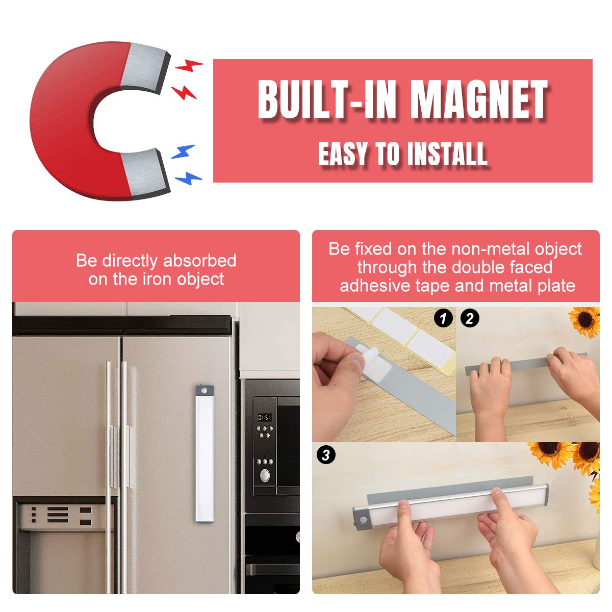 30-LED Motion Sensor Cabinet Light, Magnetic & USB Rechargeable, Wireless Under-Cabinet, Closet, Kitchen Night Light - 2 Pack