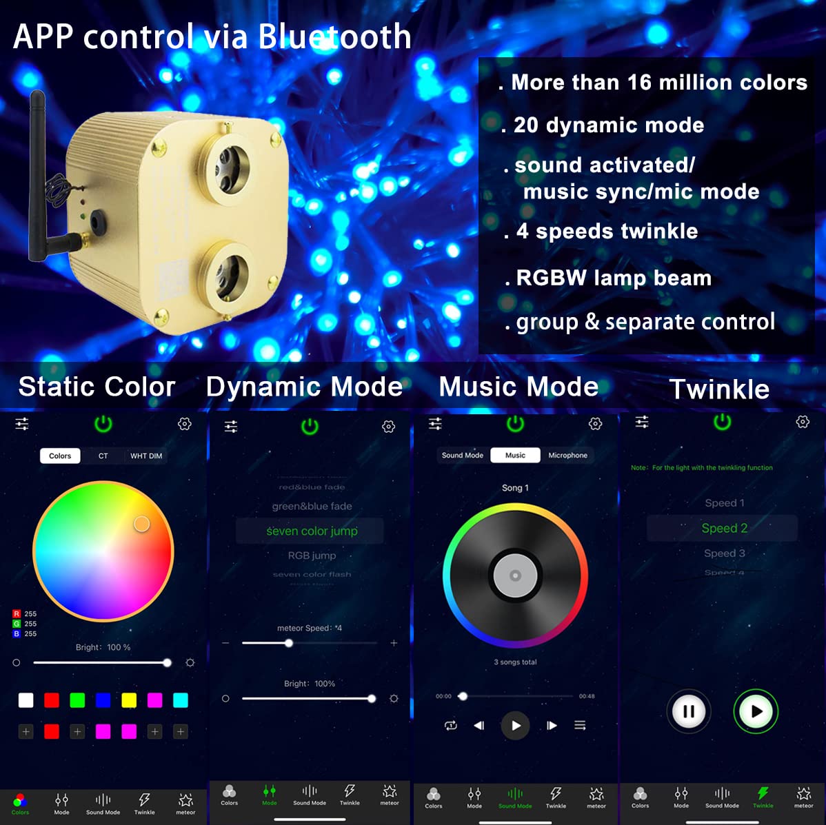 AZIMOM 20W Bluetooth Fiber Optic Star Ceiling Light Kit, 1100 Strands 13.1ft, RGBW, Sound Sync, Remote, Home & Car Decor