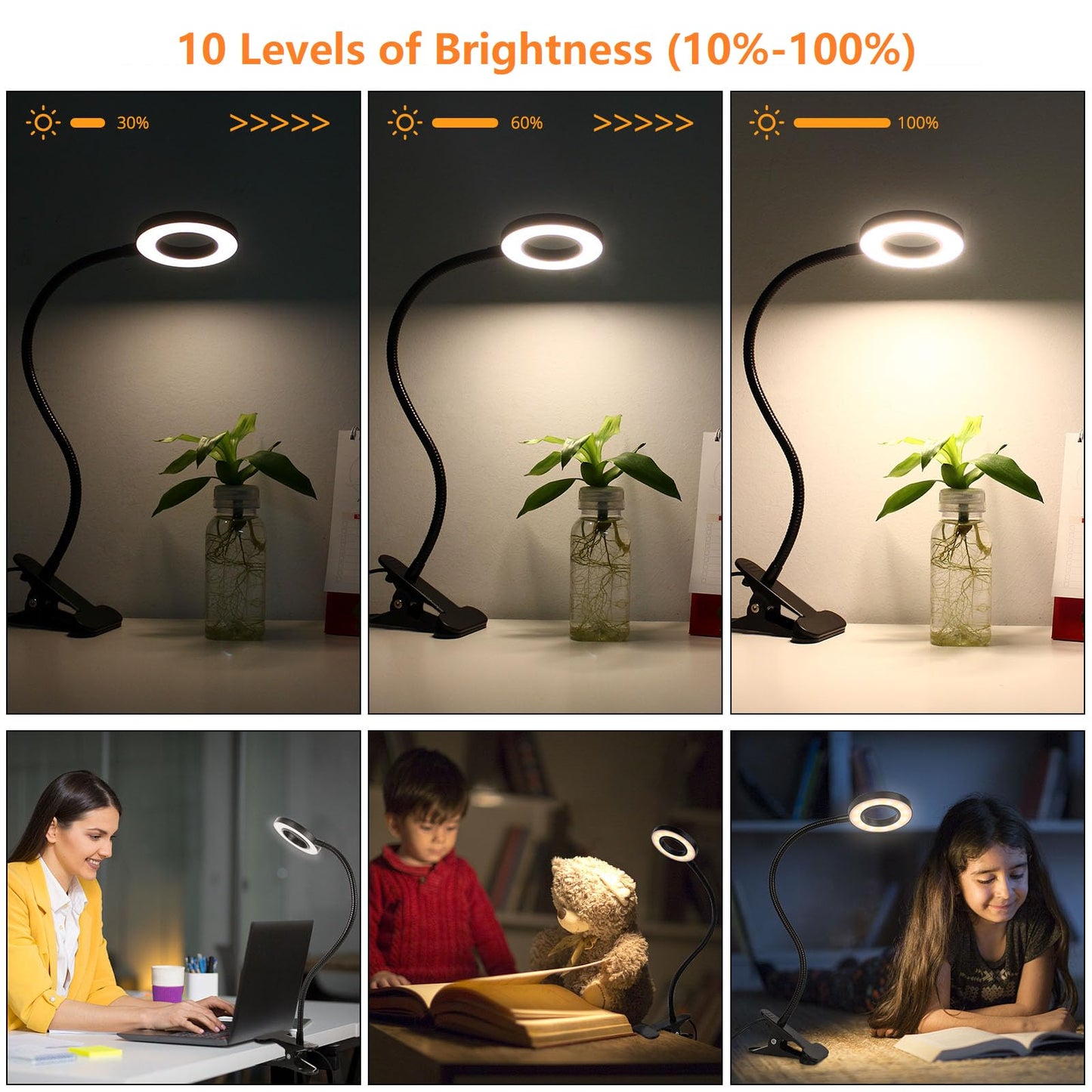 Woputne Desk Clip on Lamp for Reading Home Office, 10 Dimmable Brightness 3 Modes, Clamp Light for Bed Headboard