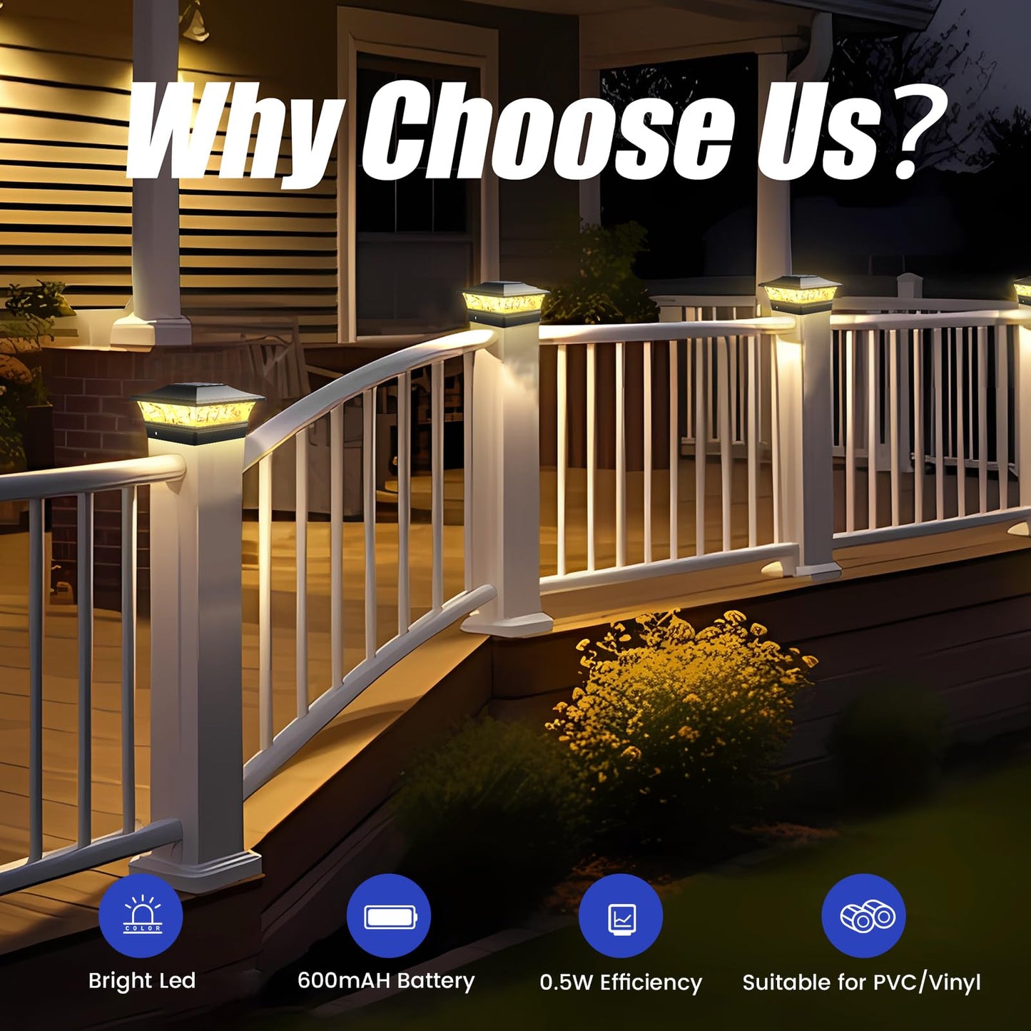 APONUO 6-Pack Solar Post Cap Lights for 4x4-6x6 Wood & Vinyl Fences, IP65 Waterproof, Auto On/Off, Warm & Cool White, Outdoor Black