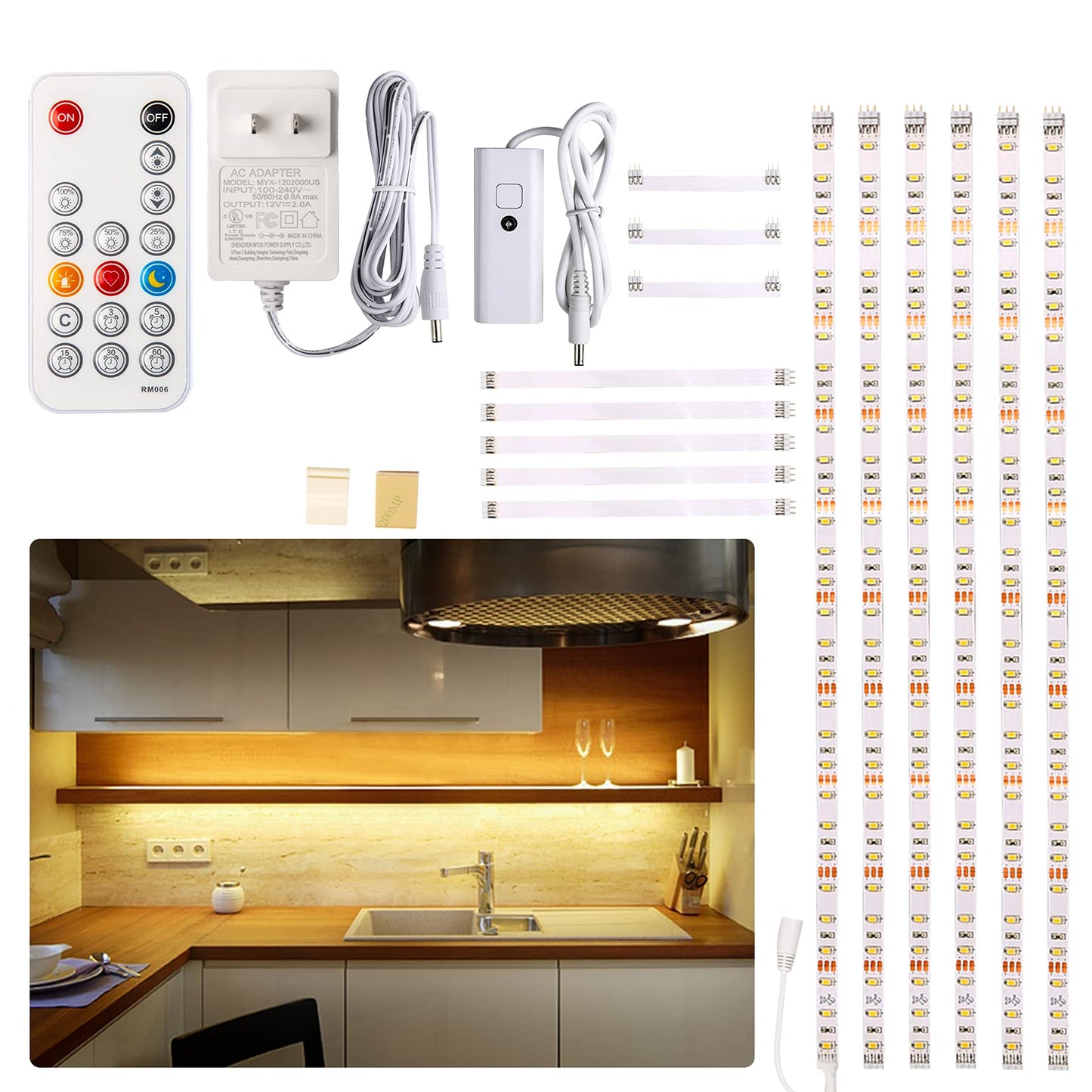 **WOBANE Under Cabinet LED Lighting Kit, 6 Dimmable LED Strip Lights with Remote, 24W Adapter, 2700K Warm White, 1500lm, Timer for Kitchen & Shelves**