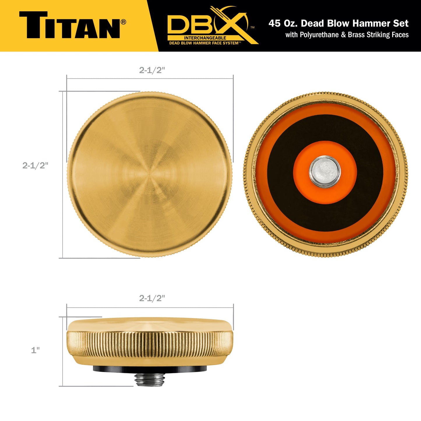 Titan DBX 63647 45oz Dead Blow Hammer – Interchangeable Polyurethane & Brass Faces, Rebound Resistant, 15" Shock-Absorbing Fiberglass Handle