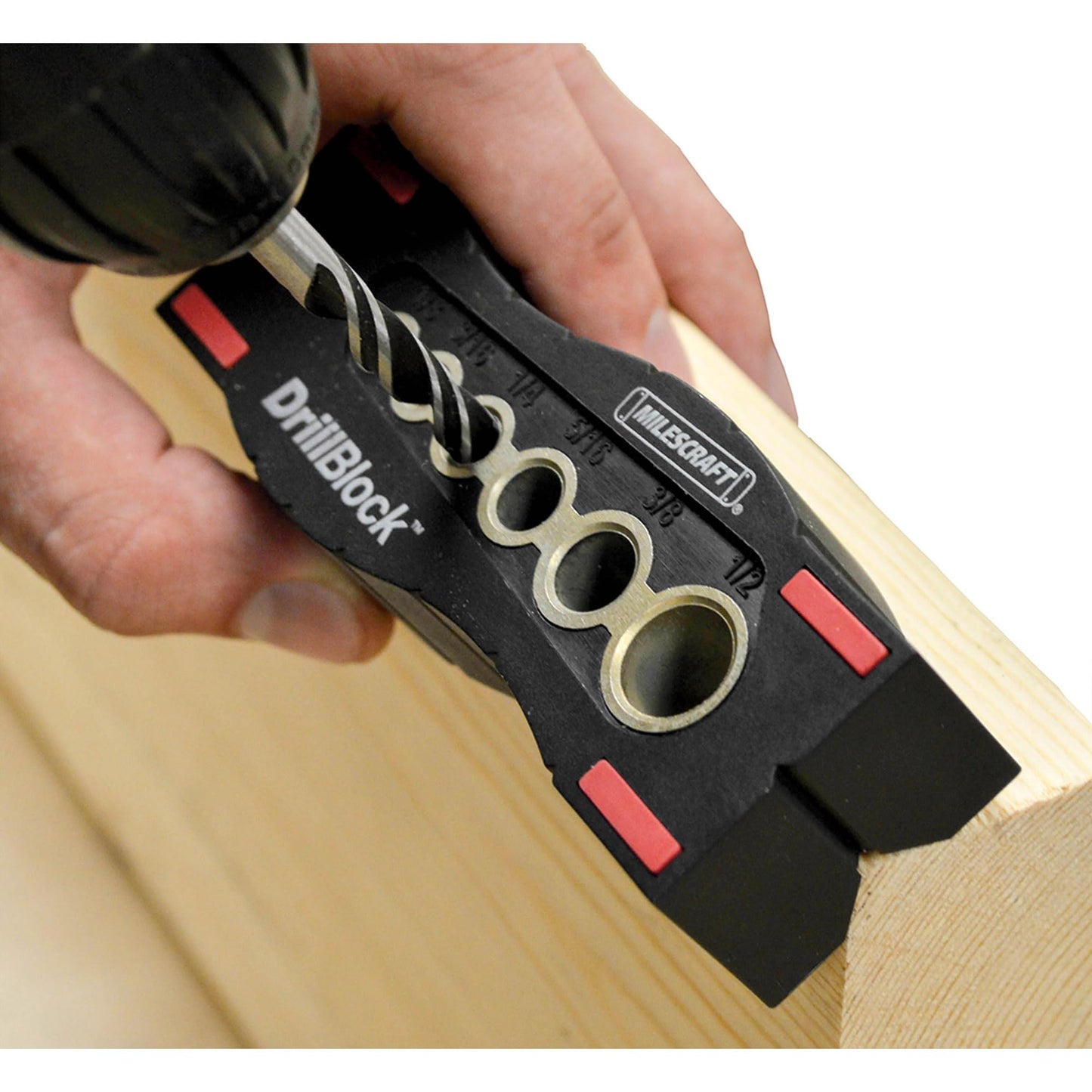 Milescraft 1312 Drill Block - Handheld Drilling Guide with Drill Jigs for 6 Common Imperial Bit Sizes, Precision Drilling Tool