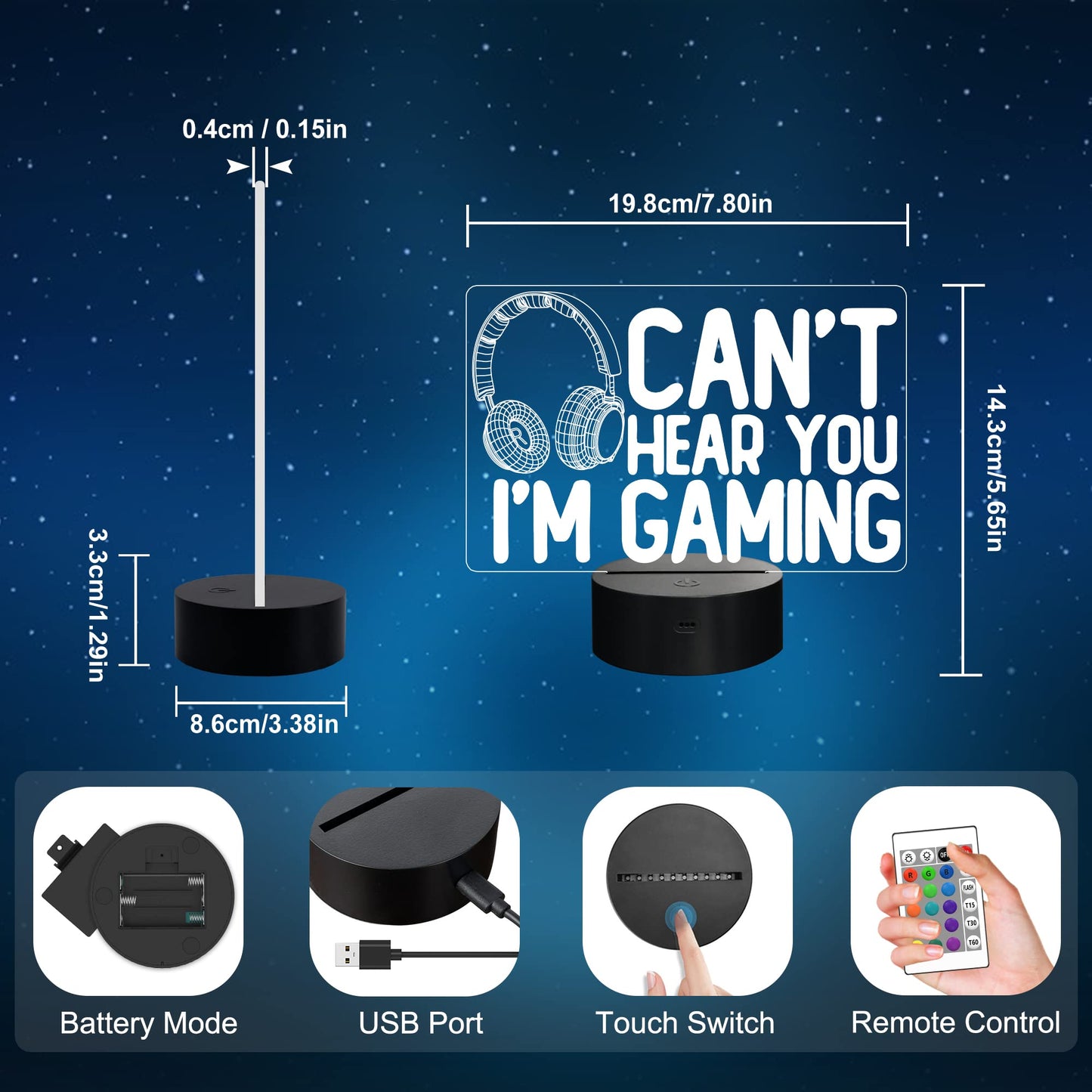 YuanDian “Can’t Hear You I’m Gaming” Night Light, Gamer 3D Illusion Lamp with Headset Design, 16 Color LED, Touch & Remote Control Gift for Men, Teens & Kids