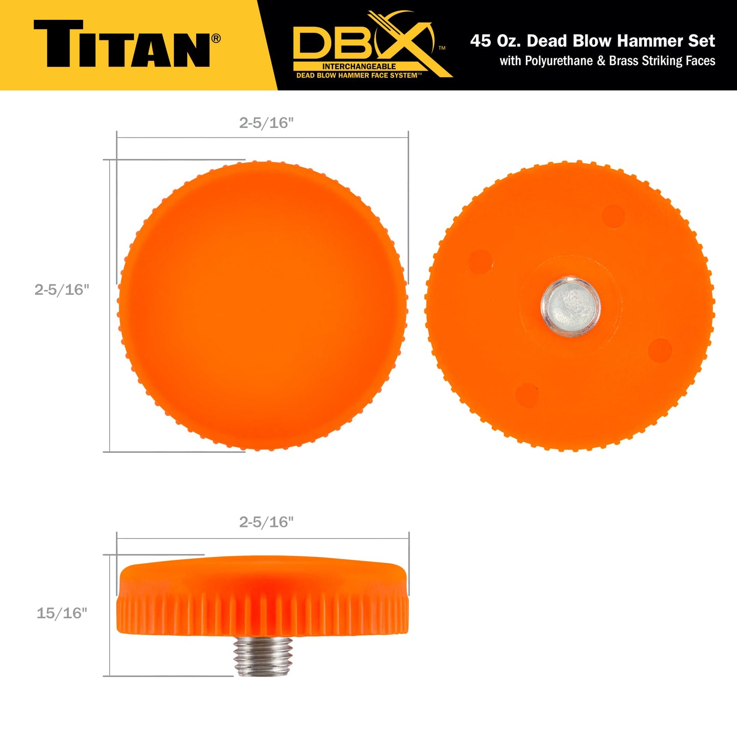 Titan DBX 63647 45oz Dead Blow Hammer – Interchangeable Polyurethane & Brass Faces, Rebound Resistant, 15" Shock-Absorbing Fiberglass Handle