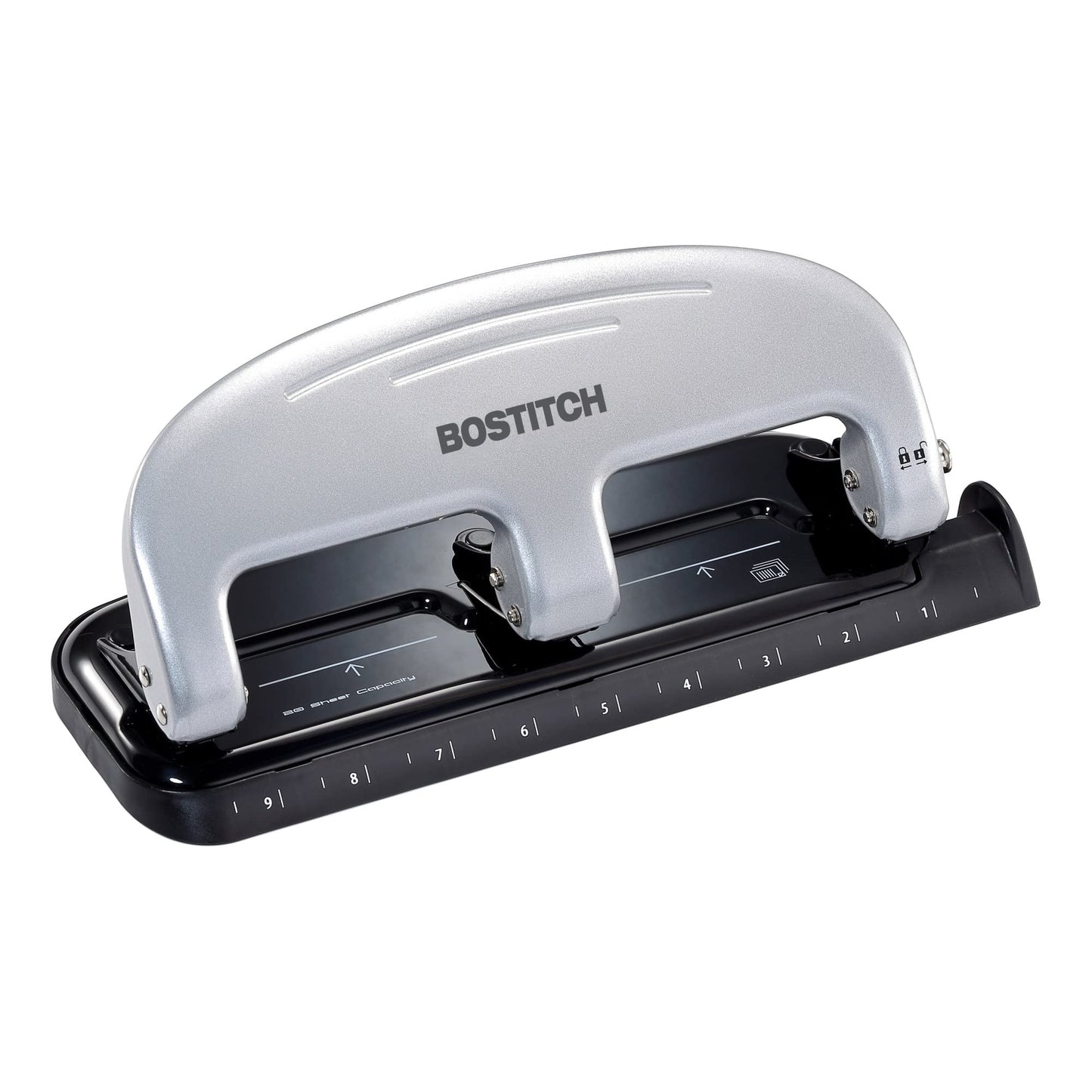 Bostitch Office EZ Squeeze 3-Hole Punch, 20 Sheet Capacity, Reduced Effort, No Jam Technology , Silver