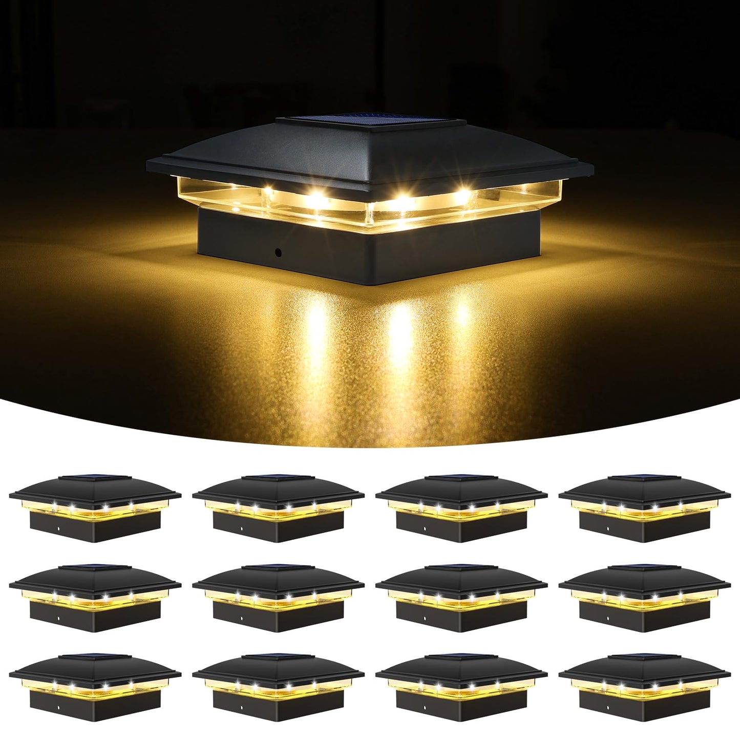 VOLISUN 12-Pack Solar Post Cap Lights, Waterproof Black Deck/Fence Lights for 4x4-6x6 Posts, Warm White Outdoor Garden, Patio, Porch
