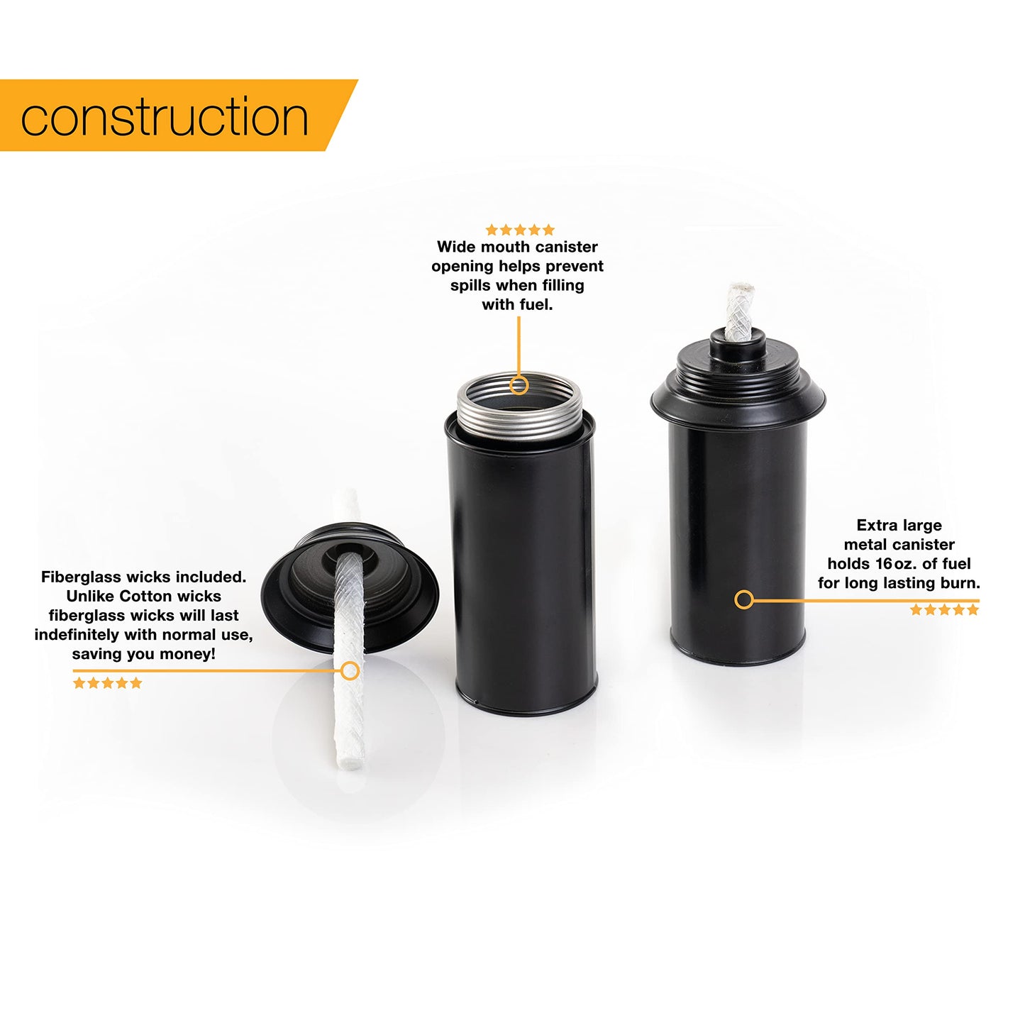 Backyadda Torch Replacement Canisters (16 oz). Compatible with Tiki Torches. Easy Fill Opening. 4-Pack Standard Metal (Without Caps)