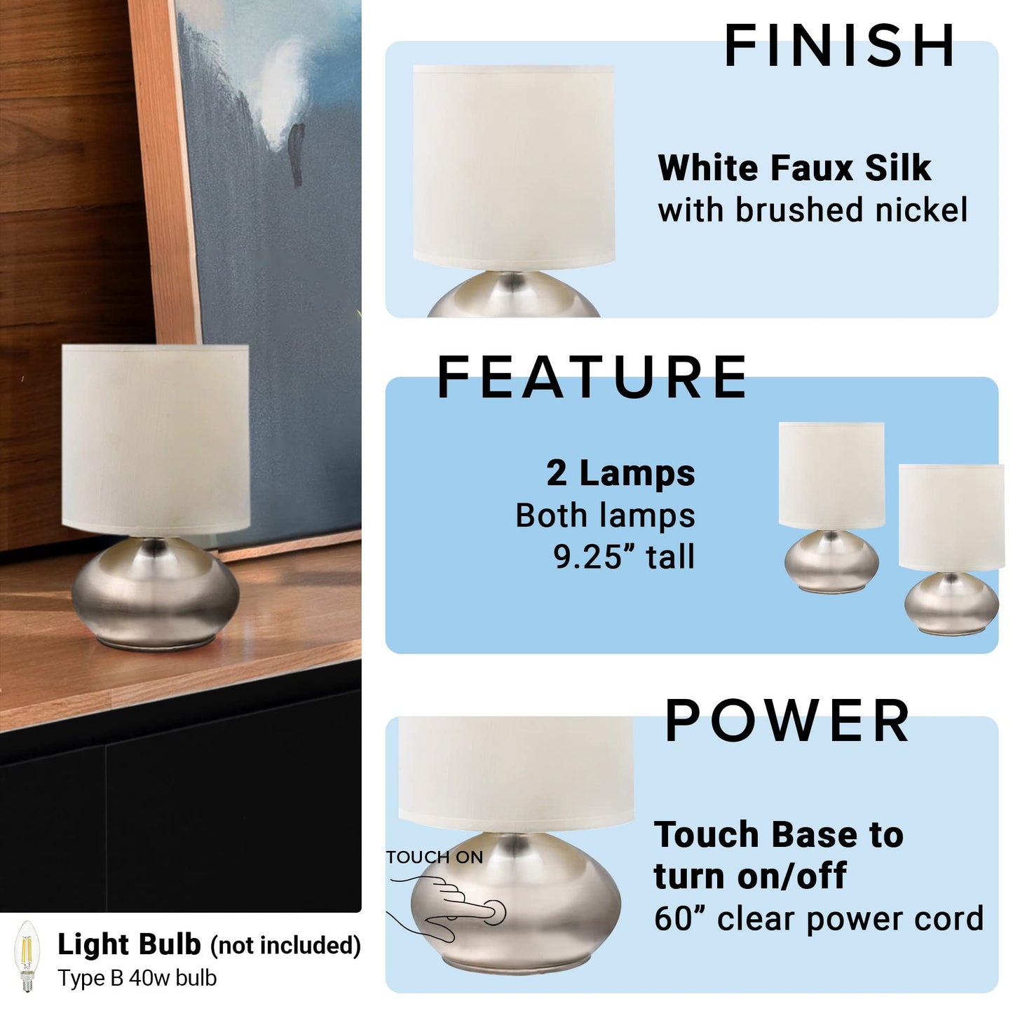 Catalina Caden Mini Touch Reading Lamps Set of 2 – Silver Accent Desk/Nightstand Lights for Bedroom, Dorm or Office, 9.25", LED Bulb Not Included