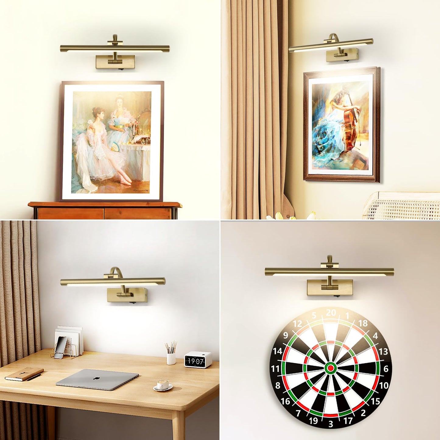 DESOOP 16" Battery Operated Picture Light with Remote & Timer – Wireless Dimmable Brass Art Lamp for Canvas, Portraits, Warm White