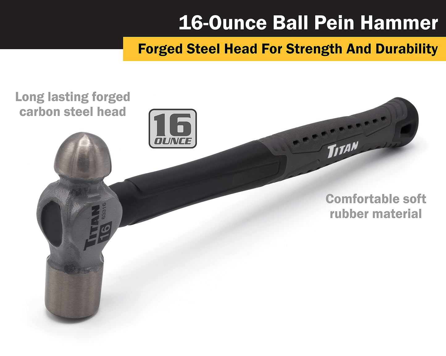 Titan 63302 2-Piece Ball Pein Hammer Set, Includes 8oz & 16oz Ball Peen, Forged Steel Heads, Shock Absorbing Fiberglass Handles & Textured Grips