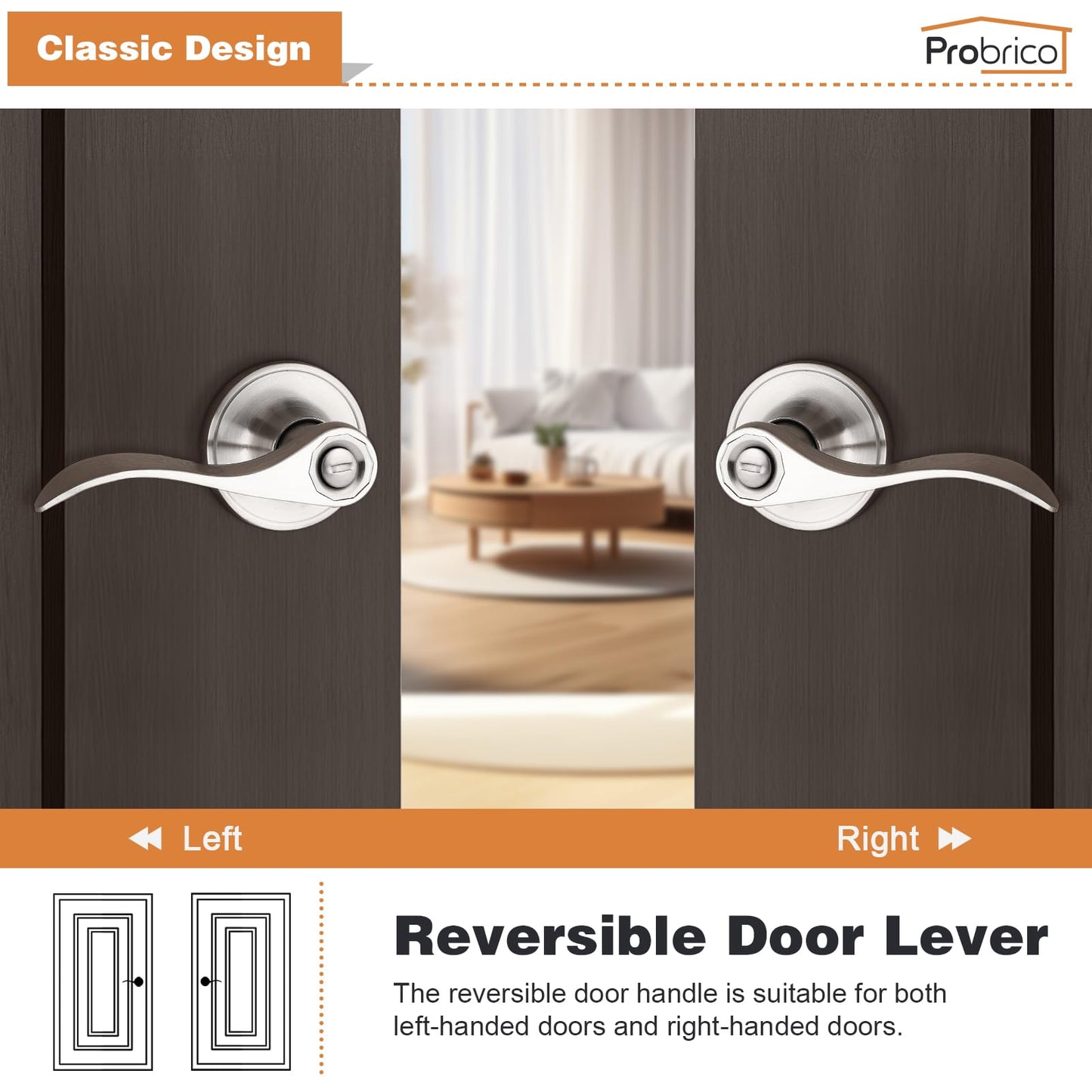 Probrico Privacy Door Levers Interior Door Handles Levers, Wave Style Bed Bath Door Handles Lock Keyless, Satin Nickel Door Lever Lockset 6 Pack