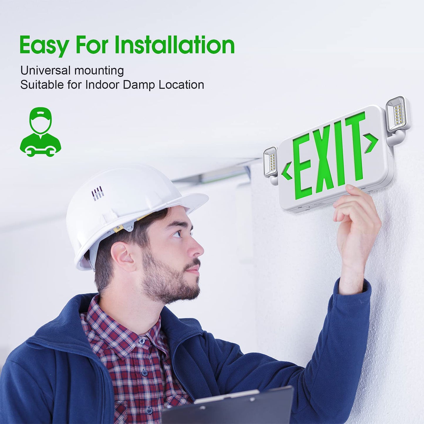 LED Combo Emergency Exit Sign Light with Adjustable Heads & Backup Battery, US Standard Green, UL 924, 120/277V, 4-Pack