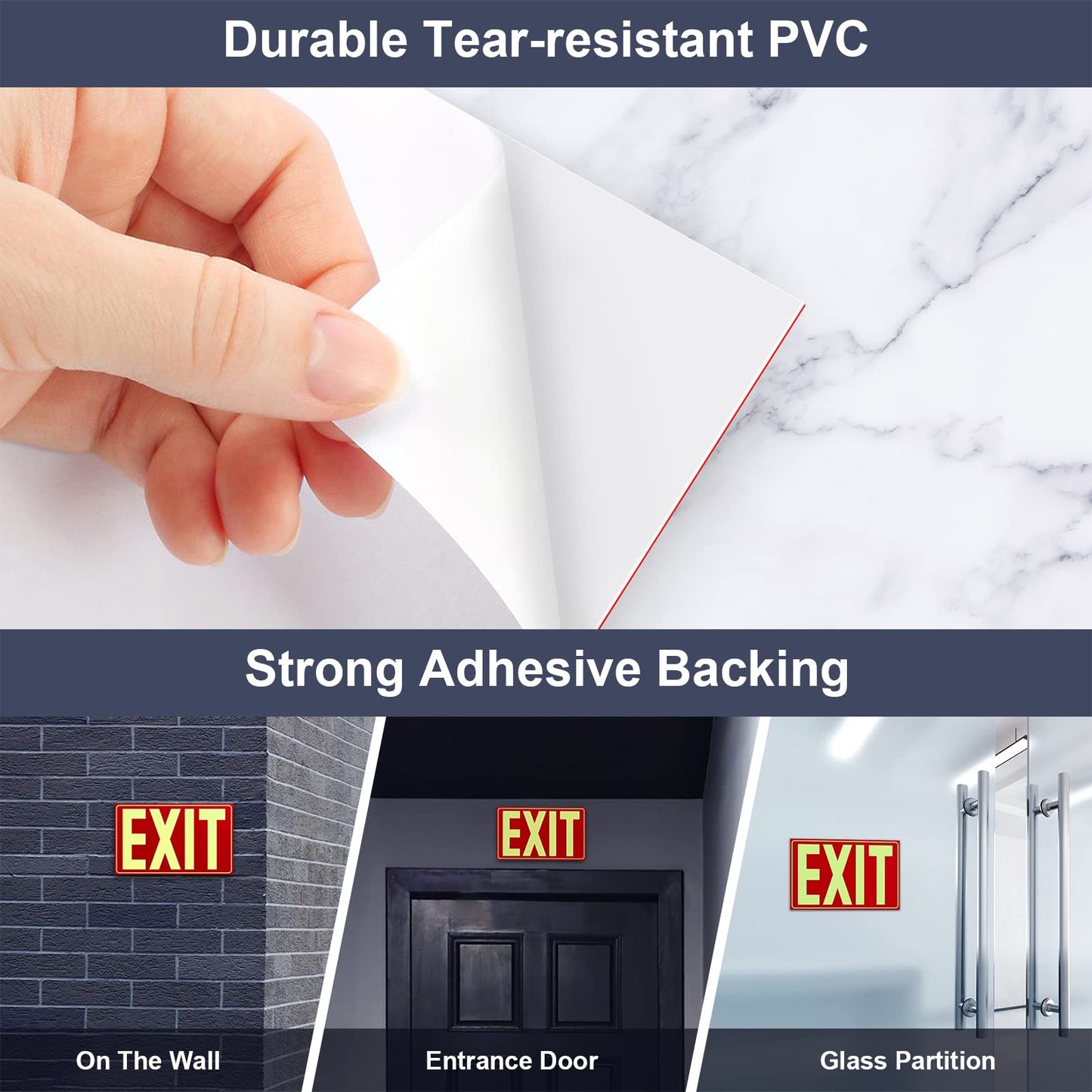 Glow-in-the-Dark Red Exit Sign, 12x7", Non-Electrical, UV Ink, Tear-Resistant PVC, Adhesive Backing, Scratch Resistant, 2 Pack