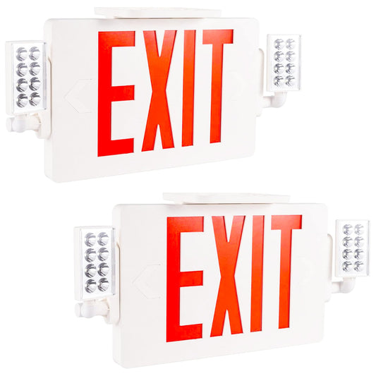 Gruenlich 2-Pack LED Combo Exit Sign with Emergency Light, Adjustable Heads, Double Face, Backup Batteries, UL 924, 120-277V, Red US Standard