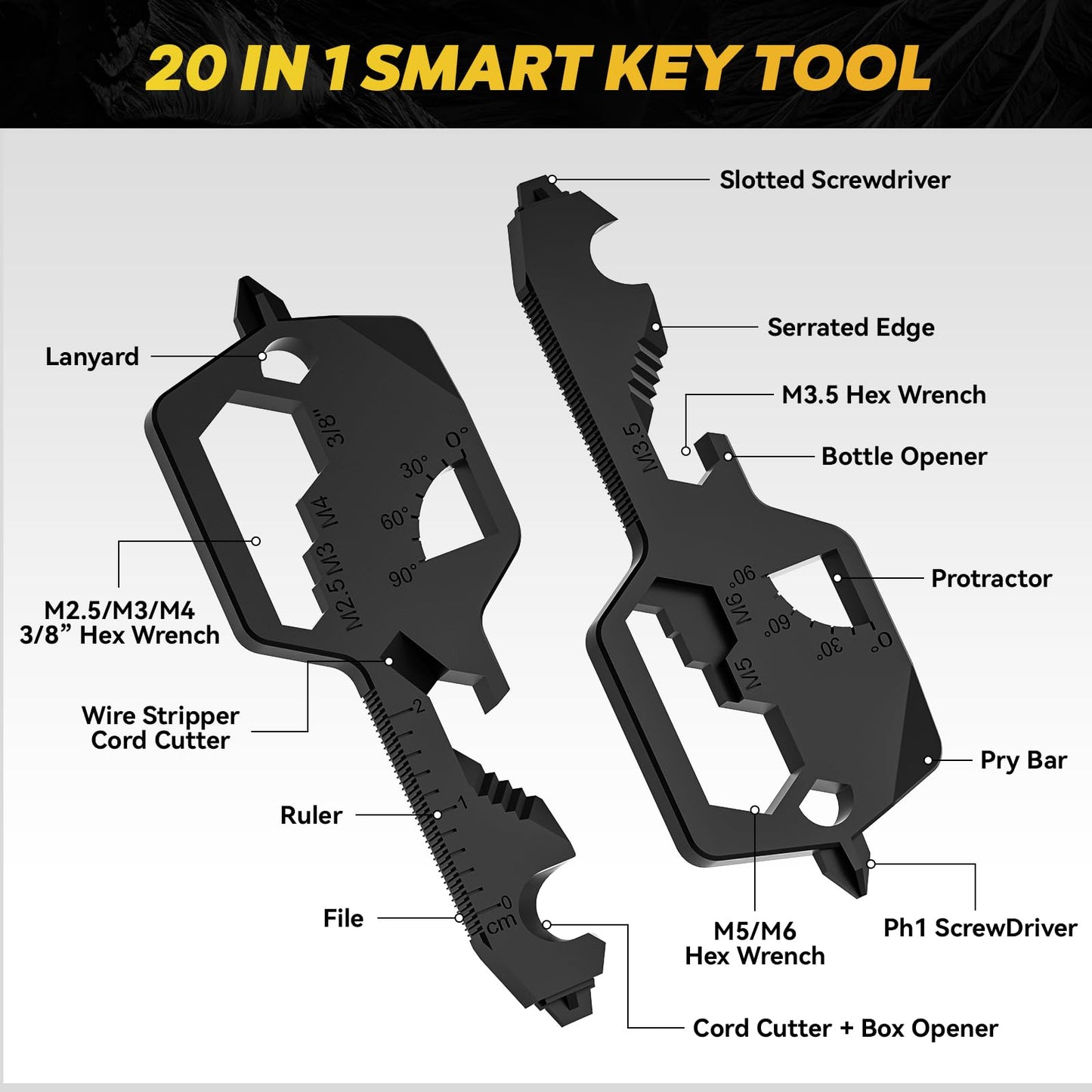 Key-Shaped Pocket Multitool 20-in-1, Stainless Steel Keychain Utility Gadget, Compact EDC Tool Gift for Men & Women (Black)