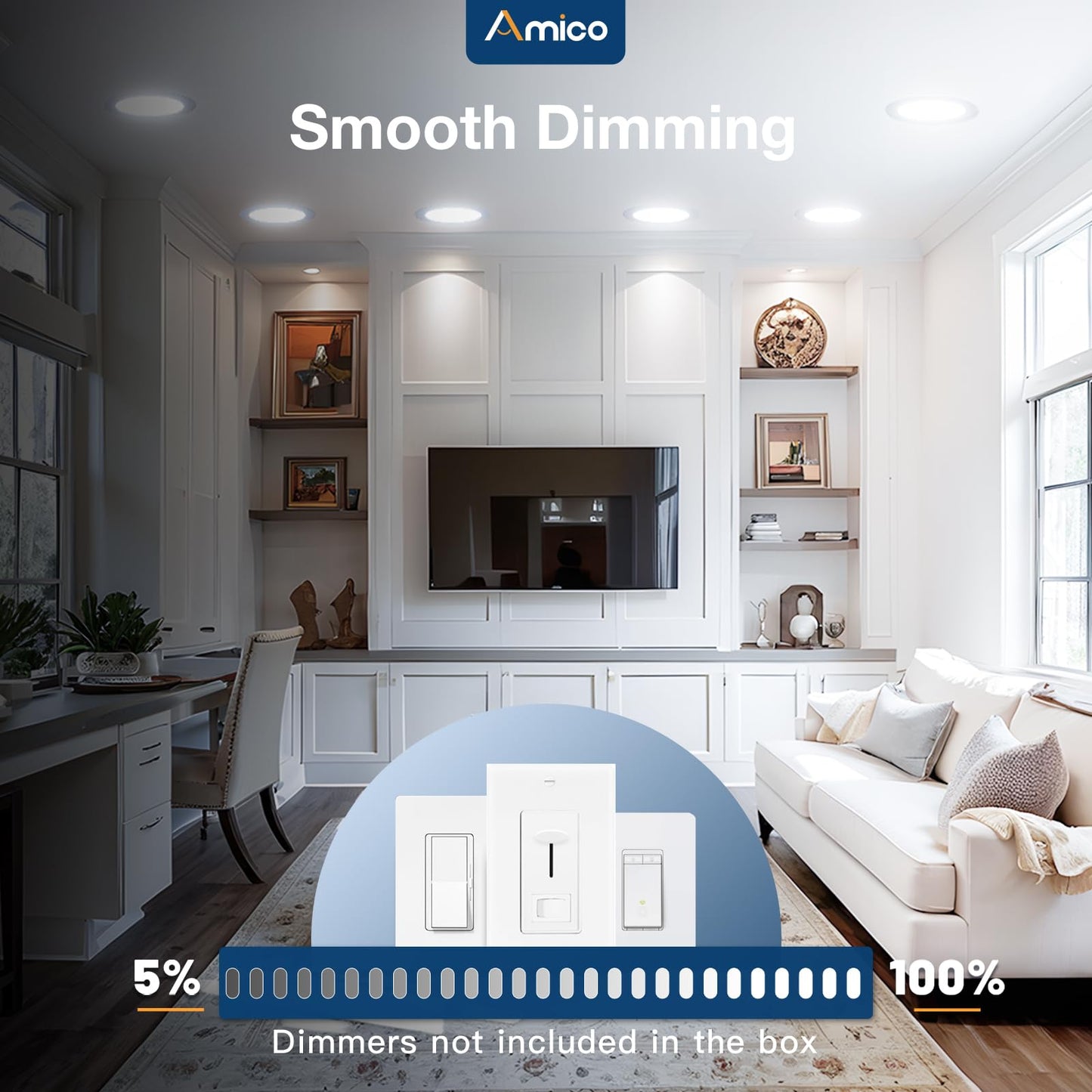 Amico 12-Pack 7" Ultra-Thin LED Canless Recessed Ceiling Lights, 5CCT Dimmable 15W=100W 1300LM, Junction Box, ETL & FCC Certified