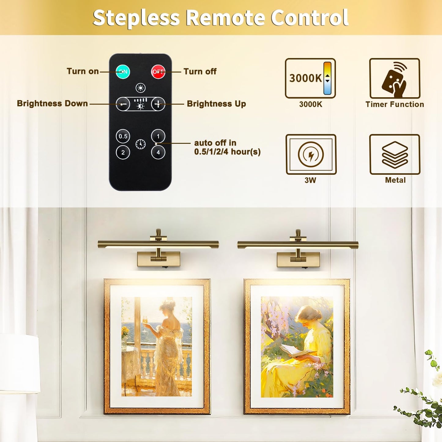 DESOOP 16" Battery Operated Picture Light with Remote & Timer – Wireless Dimmable Brass Art Lamp for Canvas, Portraits, Warm White