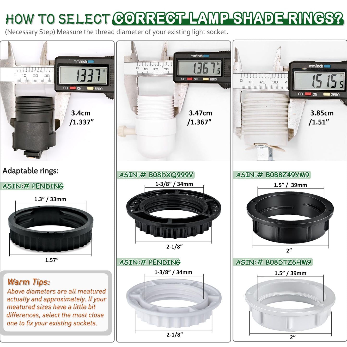 Aluminum Socket Shade Rings - Medium Base E26, Retaining Rings for Glass Lamp Shades/Light Fixtures, Lock Thread Diameter 1-1/2 Inches