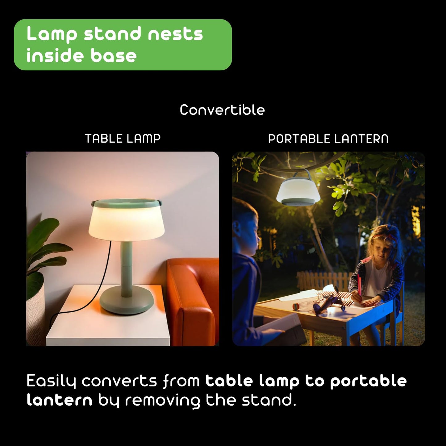 VerLuce 2-in-1 Solar LED Table Lamp & Lantern, Rechargeable, Stepless Dimming, 330lm, 2700K, IP44 Weatherproof, Green