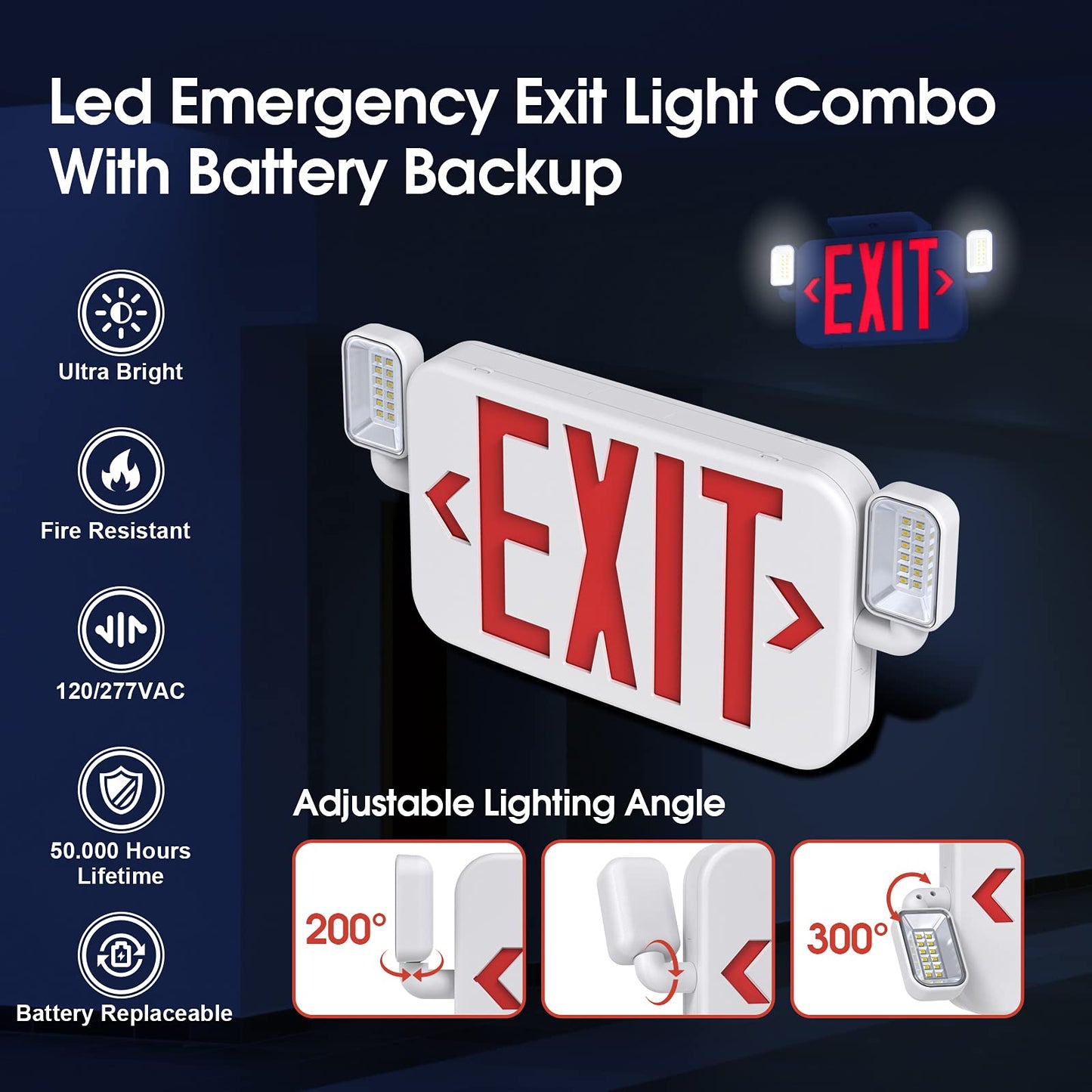 SITISFI LED Emergency Exit Sign Light with 2 Adjustable Heads & Backup Battery, US Red Letter, UL 924, AC120/277V, 2-Pack