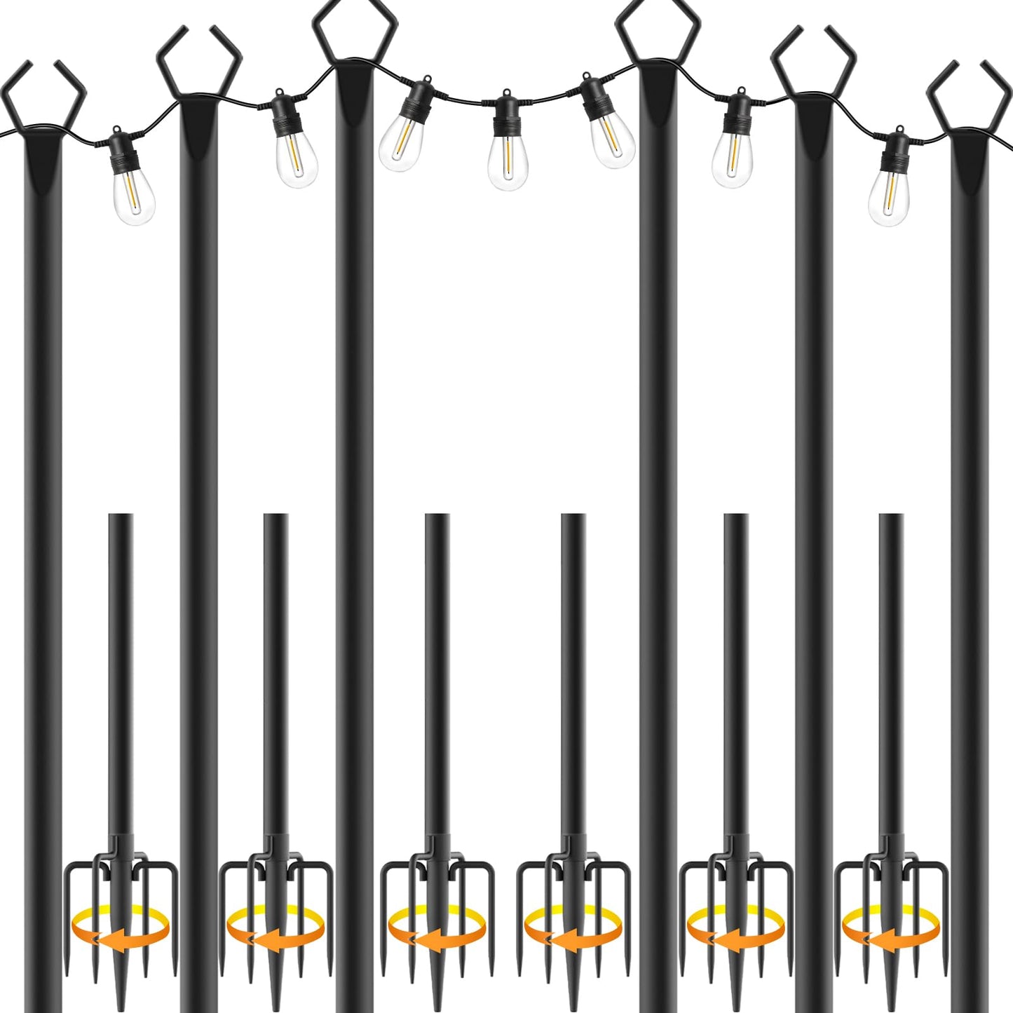 6 Pack 10FT Heavy Duty Metal String Light Poles, Adjustable Outdoor Lighting Stands for Patio Backyard Garden, Rustproof with Hooks