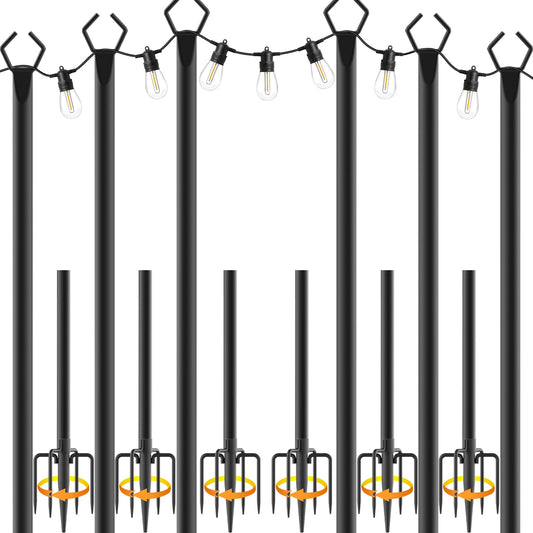 6 Pack 10FT Heavy Duty Metal String Light Poles, Adjustable Outdoor Lighting Stands for Patio Backyard Garden, Rustproof with Hooks