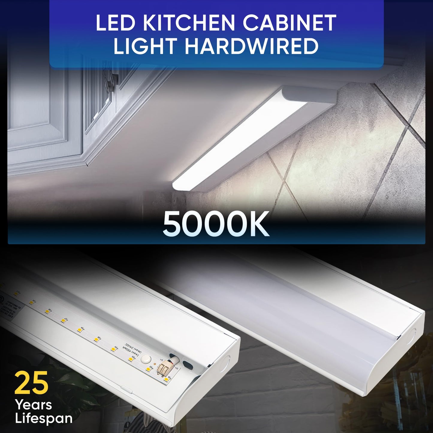 Hardwired LED Under Cabinet Light 24" 16W, Dimmable, CRI>90, 5000K Daylight, Wide Metal Base with Frost Lens for Kitchen