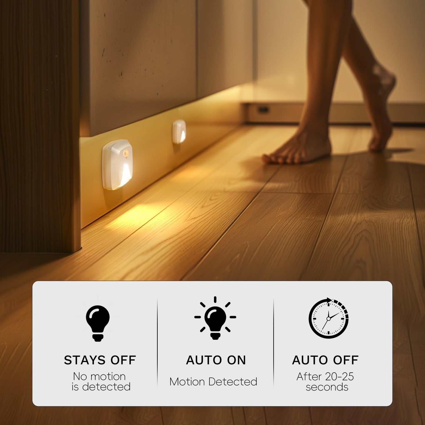 Innofox 6-Pack Stick-On Motion Sensor LED Lights, Warm White Night Light for Stairs, Closet, Kitchen, Hallway, Bedroom, Battery Operated