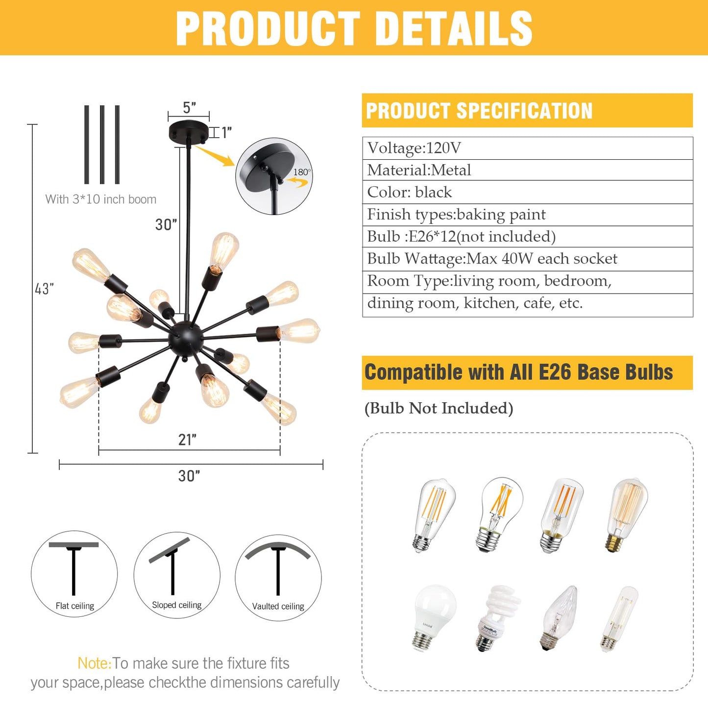 LIGHTDAMY Sputnik Chandelier Black 12-Light, Modern Mid-Century Industrial Pendant Ceiling Light for Living Room, Dining, Bedroom