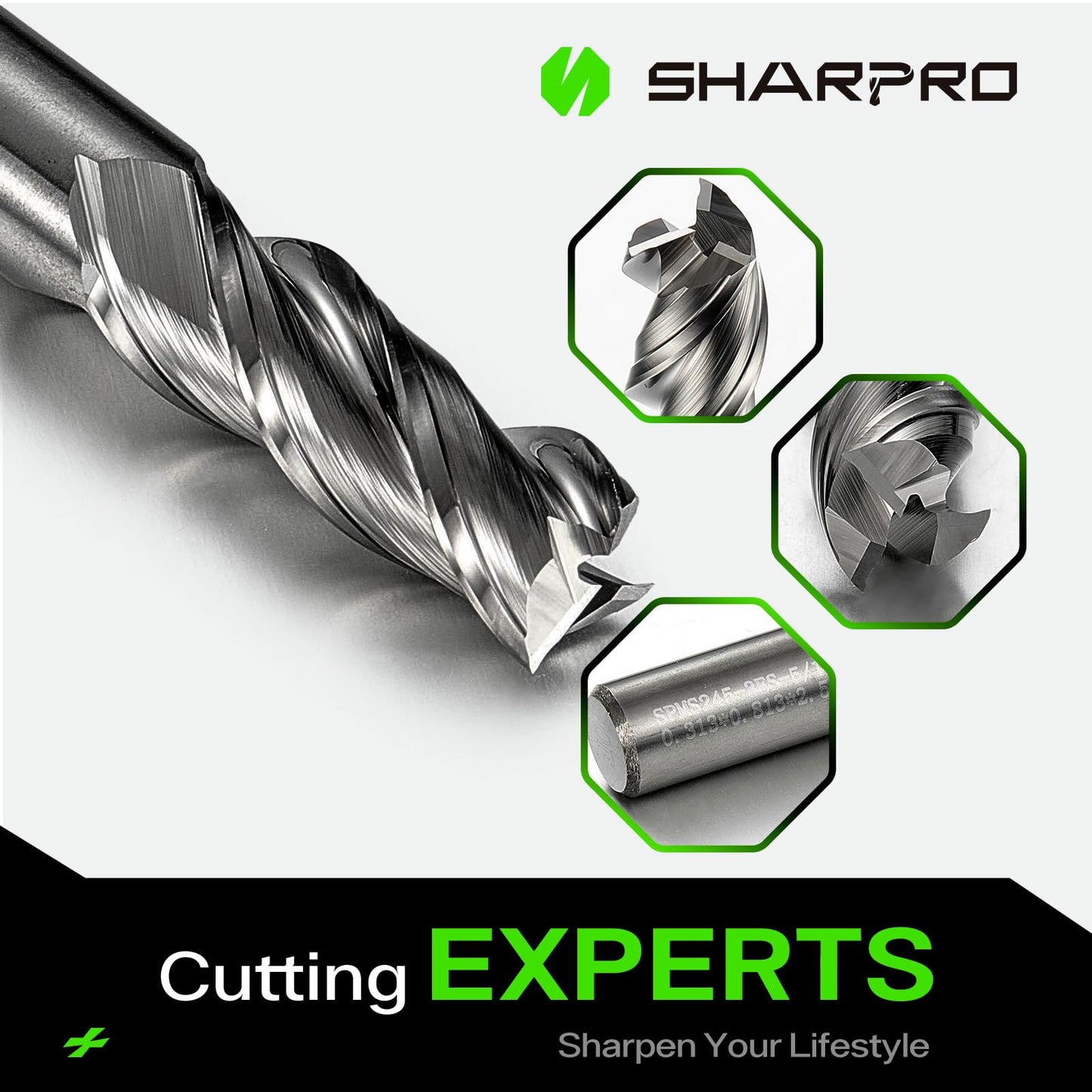 SHARPRO 5/16" Shank 3-Flute Carbide End Mill, Upcut Spiral CNC Router Bit for Aluminum, Steel, Stainless & Alloy Metals