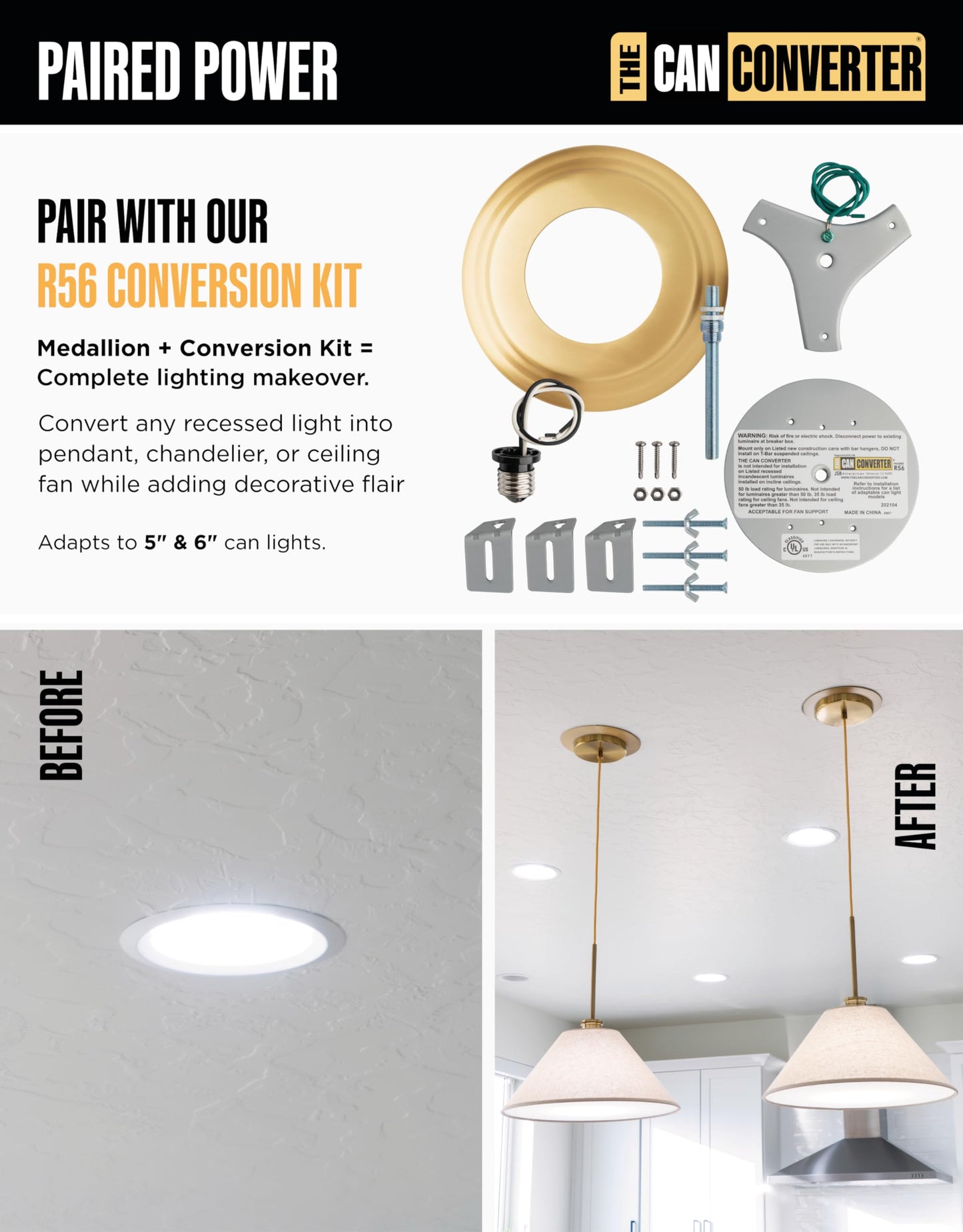 Can Converter Ceiling Medallion for 5"-6" Recessed Lights – Decorative Steel Beveled Goof Ring & Cover Plate, Brushed Brass