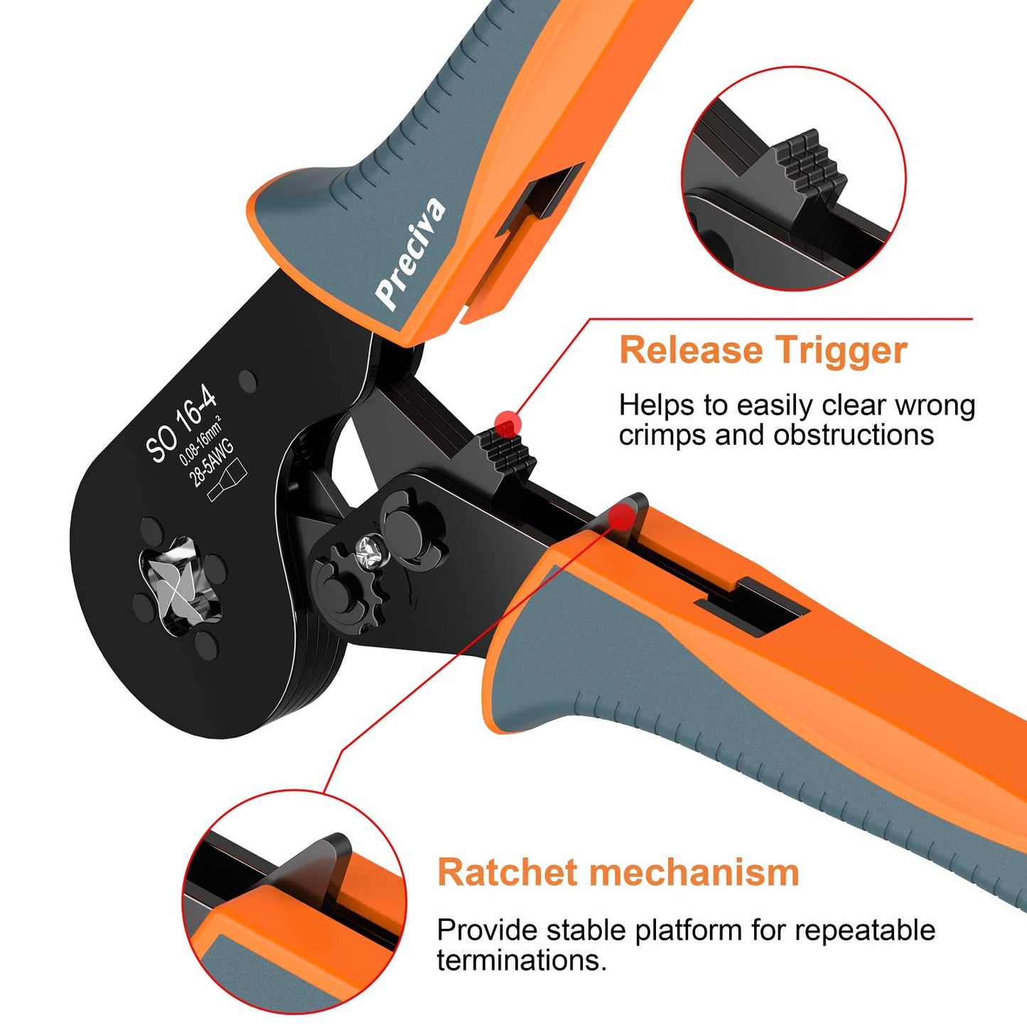 Preciva Wire Ferrule Crimping Tool, Square Jaw Pliers AWG 28-5, Self-Adjustable Ratchet Crimper for Terminals & Cable End-Sleeves