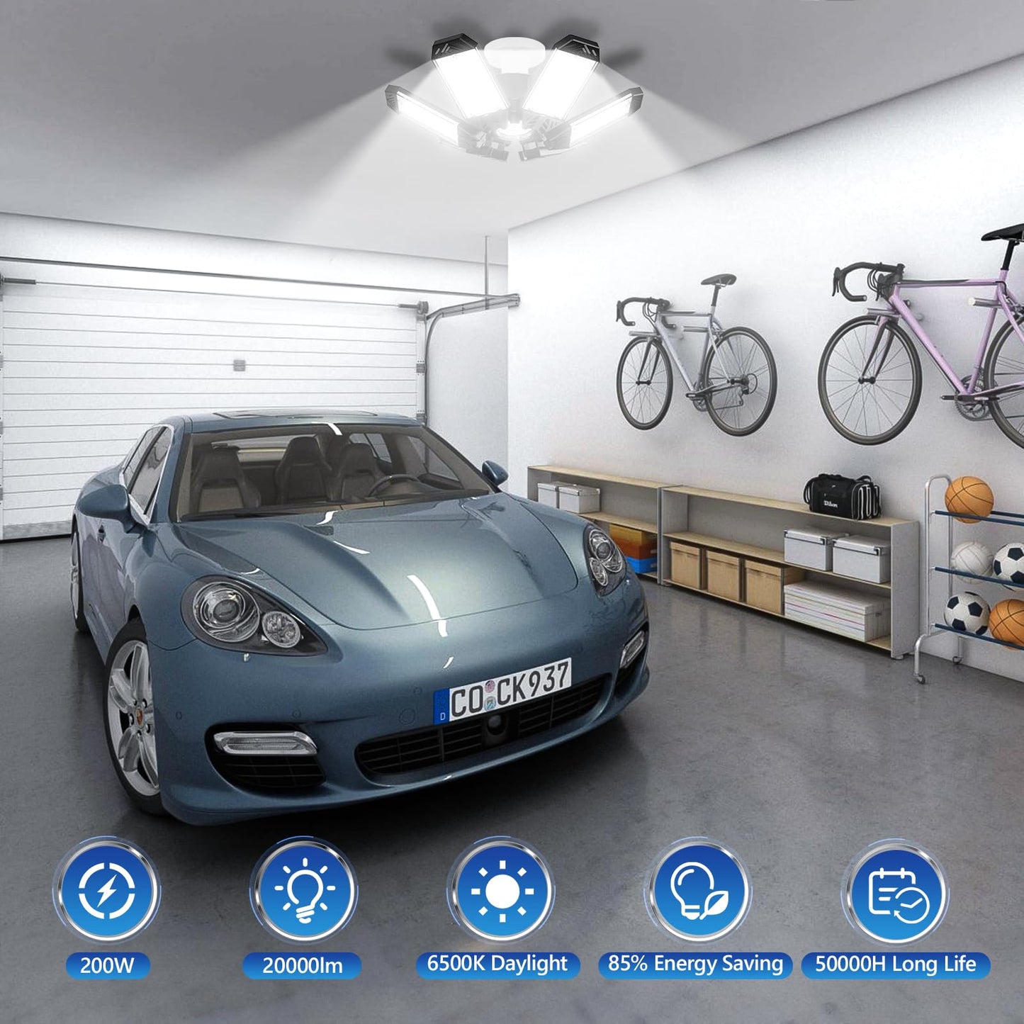 XINGHUANLIT 2-Pack 200W 20000LM Garage LED Lights, 6500K, 6+1 Deformable Panels, E26/E27 Socket, Ceiling Shop/Workshop/Barn Lighting