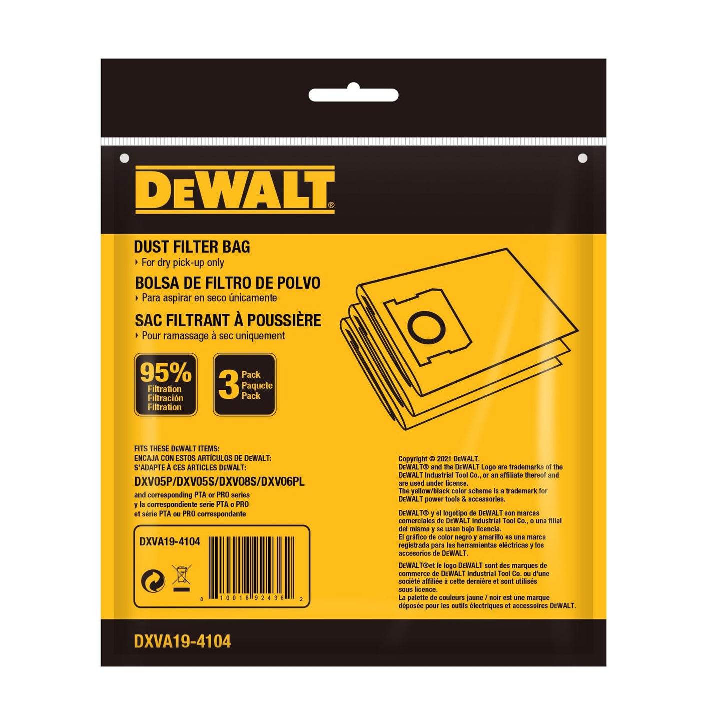 DEWALT DXVA19-4104 Dust Filter Bags 3-Pack, High-Efficiency Replacement for 5-8 Gallon Wet/Dry Vac, Vacuum Dust Collection Bags