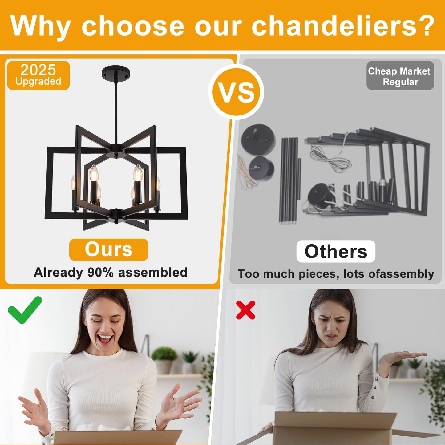 21.6" Black Farmhouse Chandelier, 6-Light Geometric Pendant, Modern Industrial Rustic Lighting for Kitchen, Dining, Living Room