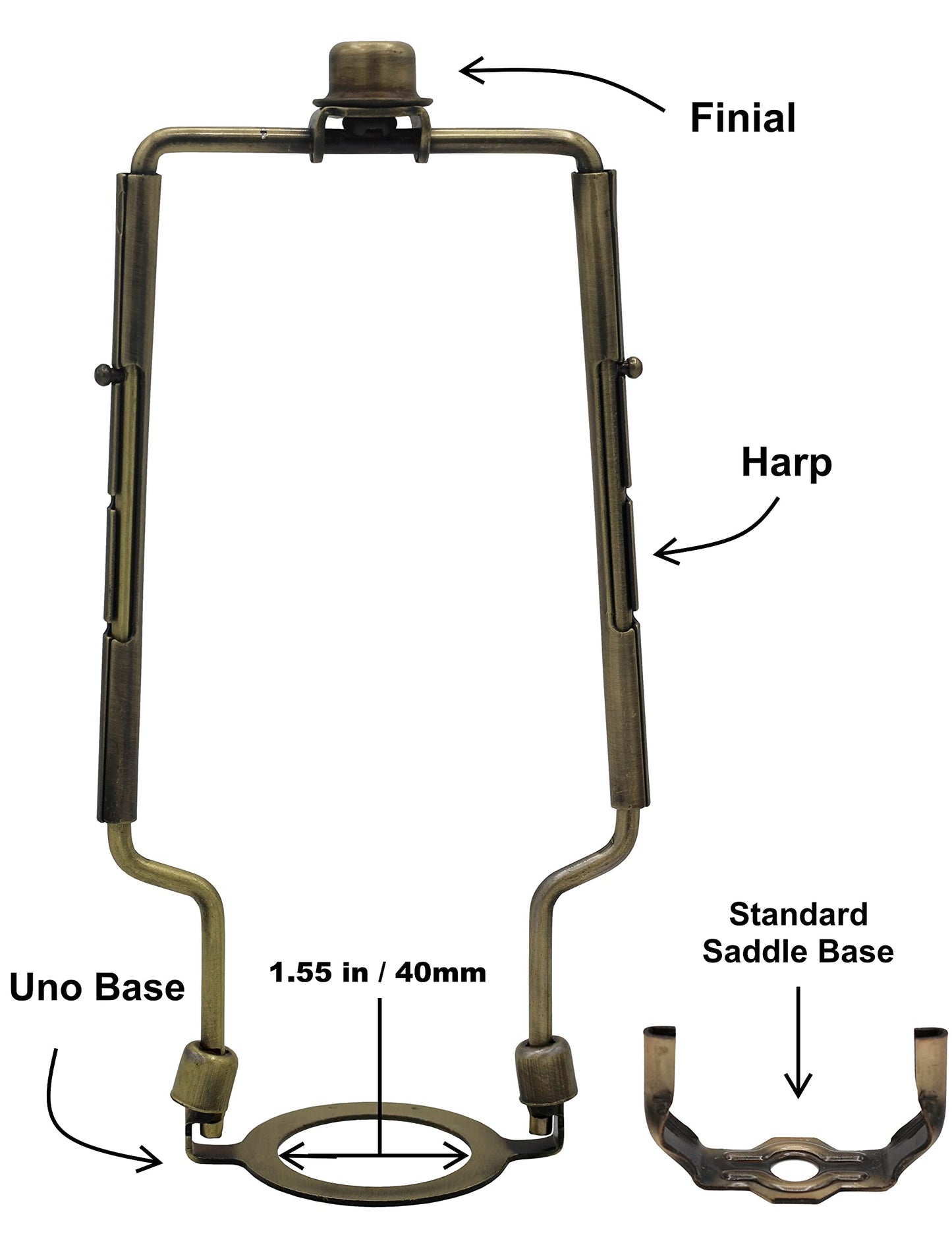 Creative Hobbies Adjustable Lamp Harp 8" 9" 10" Includes Regular Base and Uno Base and Finial (Antique Brass)