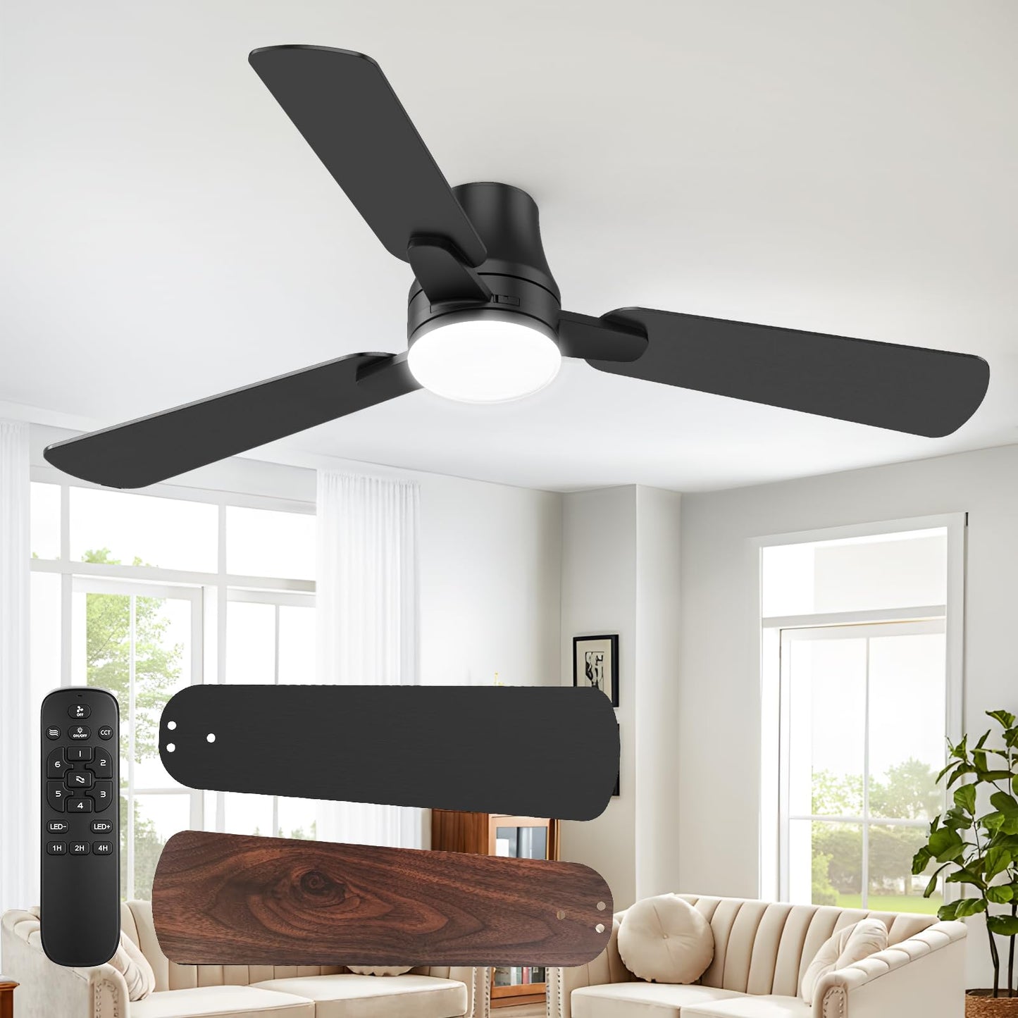 52” Low Profile Ceiling Fan with Lights & Remote, Flush Mount Modern Black, Quiet Reversible DC Motor, 3CCT Dimmable LED