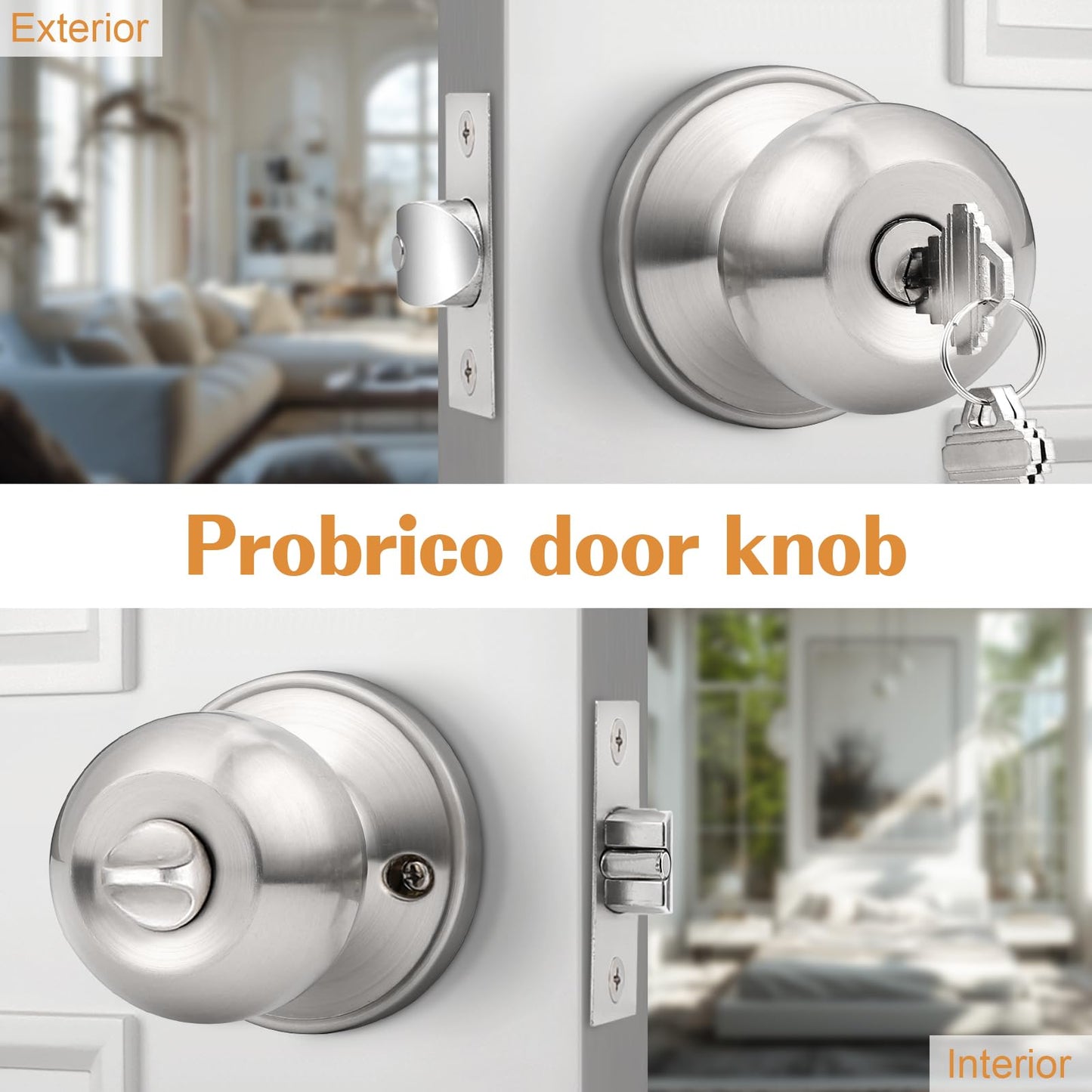 Probrico Brushed Nickel One Keyway Ball Door Knobs Entry Lock with Keys, 3 Pack Keyed Alike Door Locksets, Interior Exterior Keyed Hardware