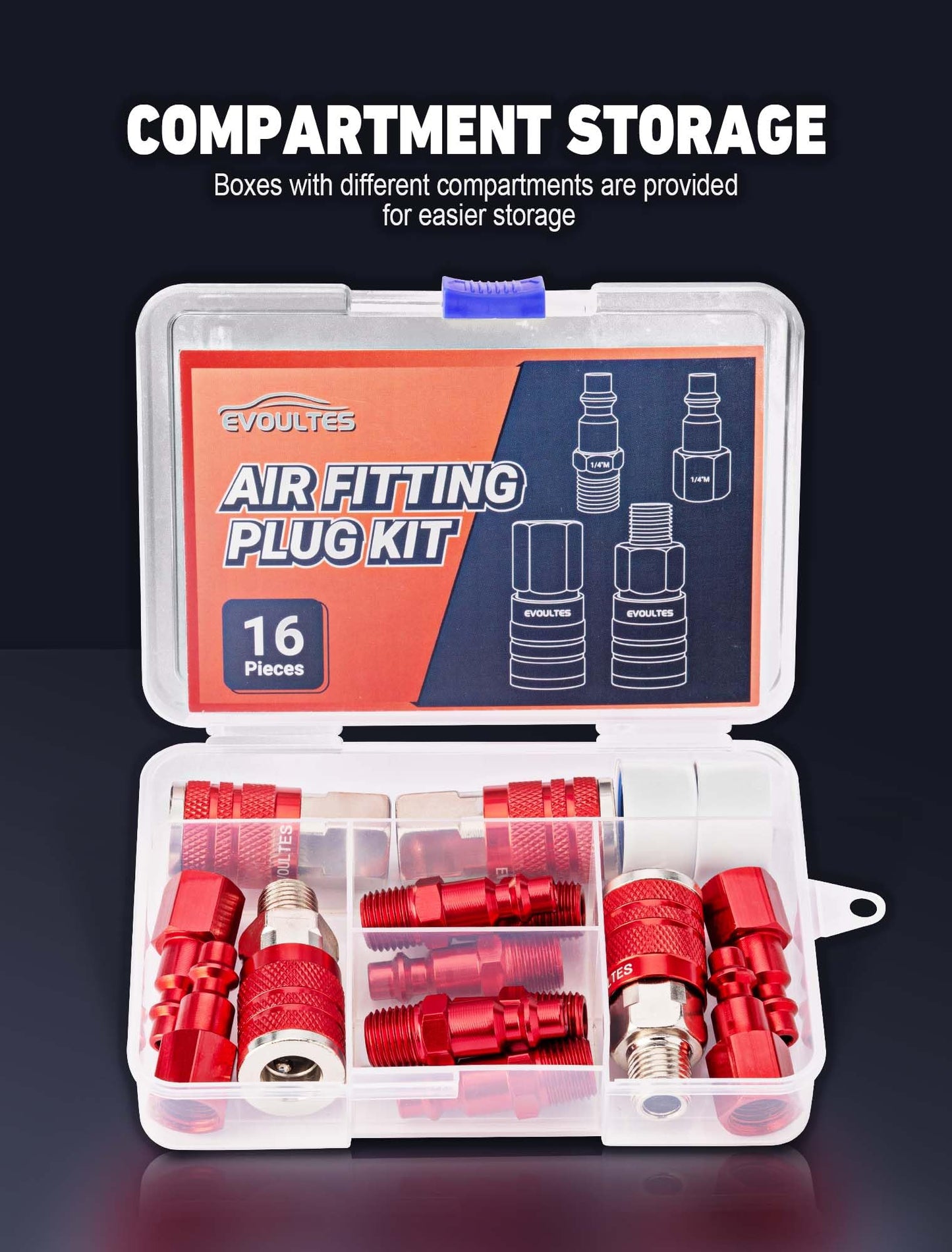 EVOULTES 16-Pc 1/4" NPT Air Hose Fittings & Quick Connect Coupler Kit, Lightweight Aluminum Pneumatic Tool Accessories