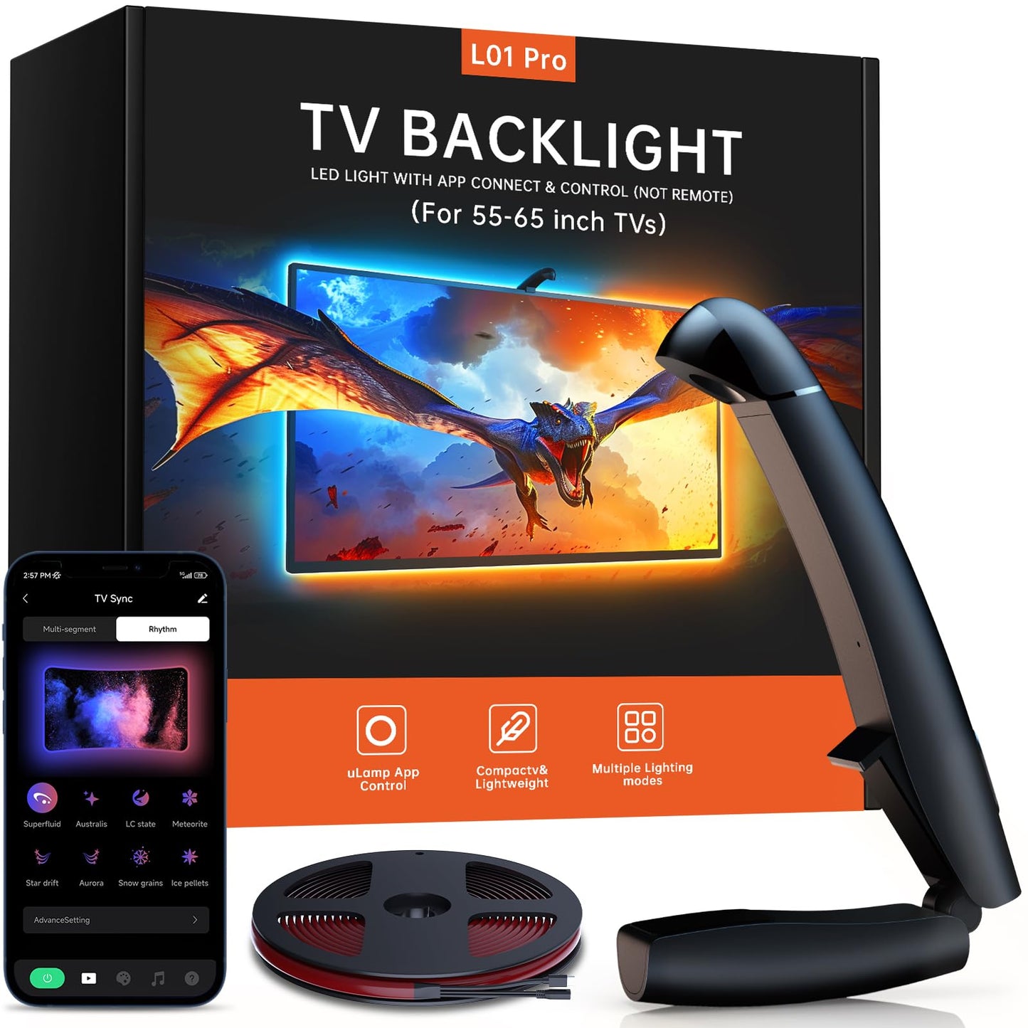 FFJ 14.7ft TV LED Backlight with Sensor, Cuttable RGB Strip for 55-65" TV & PC, App Controlled, Music & Game Sync Color-Changing Lights