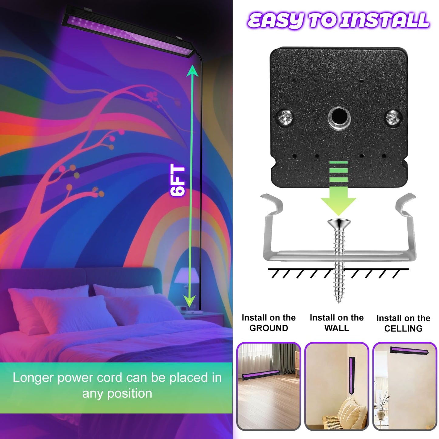 ycponggon 24W LED Black Light Bar, 1-Pack UV Blacklight for Halloween, Glow Parties, Body Paint, Bedroom, Game Room, Stage Lighting