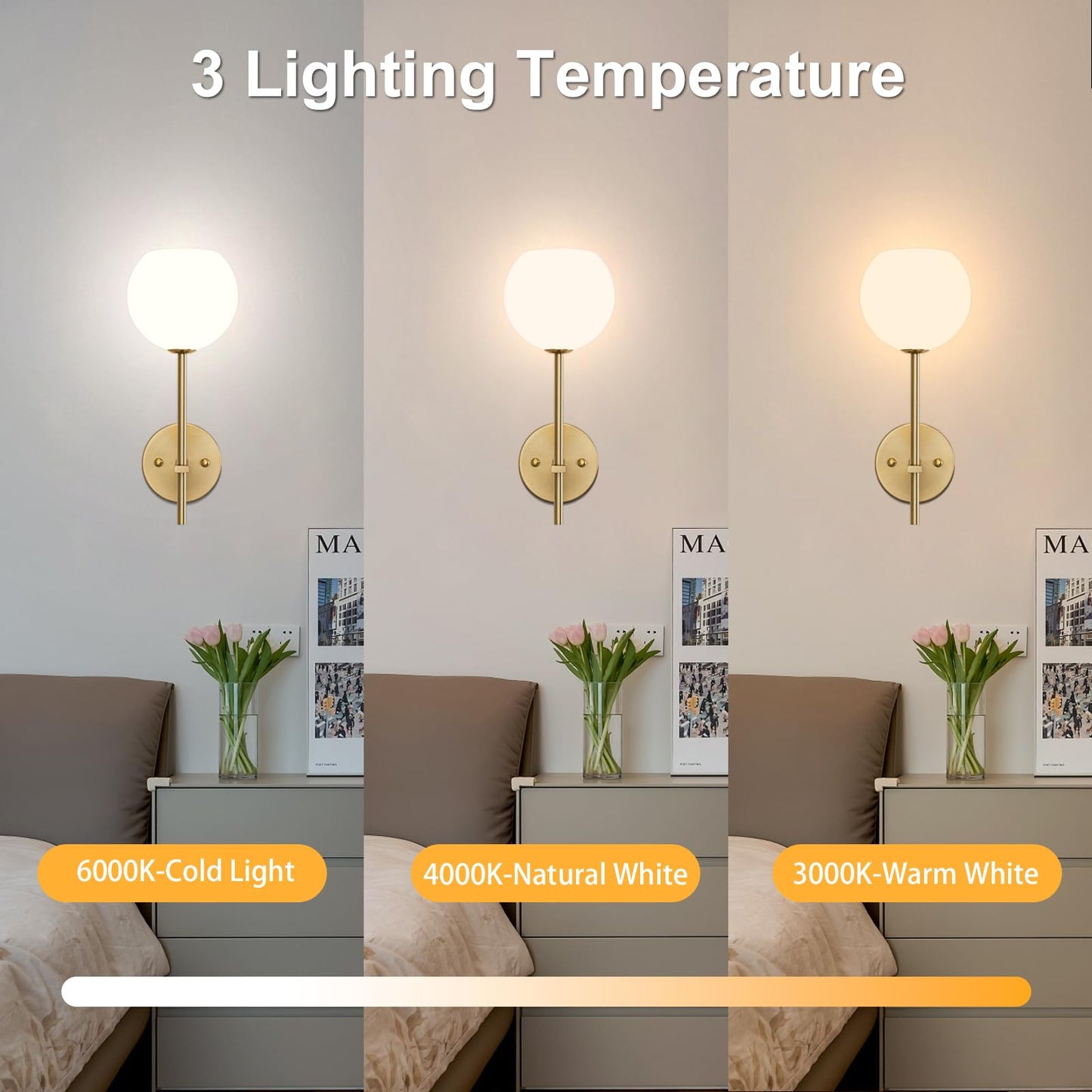 **Gold Battery Operated Wall Sconces Set of 2 – Rechargeable Wireless Wall Lights with Frosted Glass, RGB & 3CCT Dimmable, Remote Control**