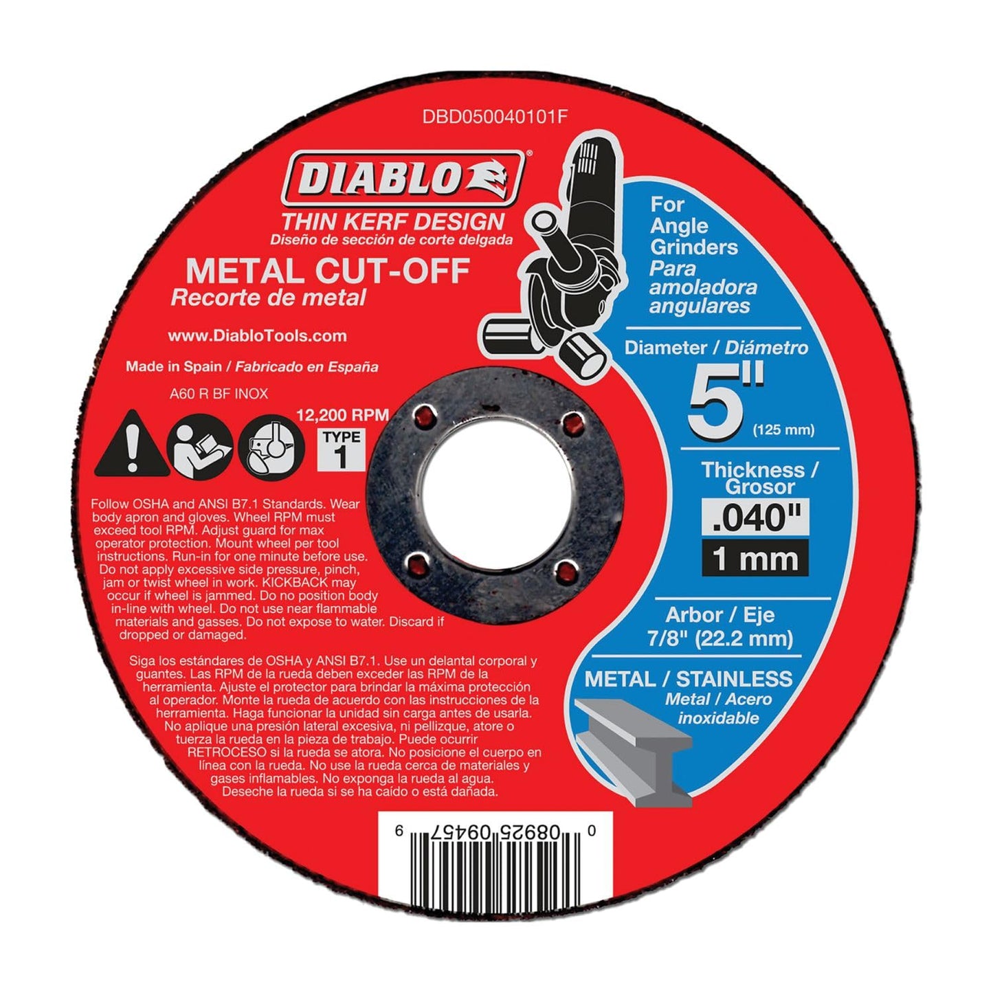 Diablo Thin Kerf Metal Cut-Off Discs - 5" Diameter, 7/8" Arbor, 1 Hub Type, 0.04" Thickness, 12200 Max RPM, 10-Pack - DBD050040110F