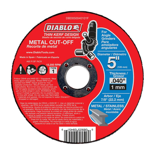 Diablo Thin Kerf Metal Cut-Off Discs - 5" Diameter, 7/8" Arbor, 1 Hub Type, 0.04" Thickness, 12200 Max RPM, 10-Pack - DBD050040110F