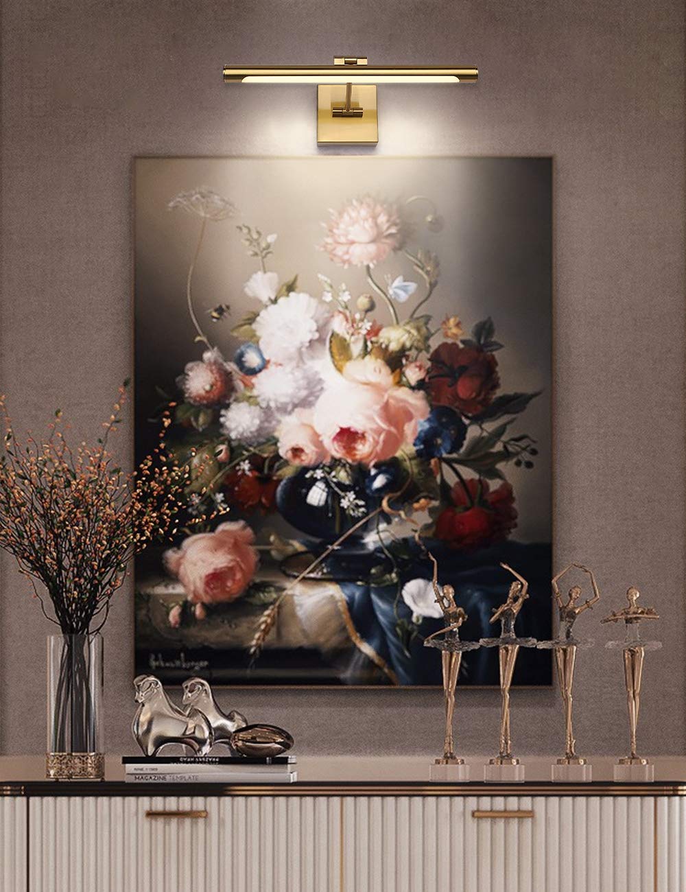 **LED Picture Light 16.5”, Modern Metal Wall Lamp with Swing Arm, 9W Hardwired, 3000K Warm White, CRI80+, Brass Finish**