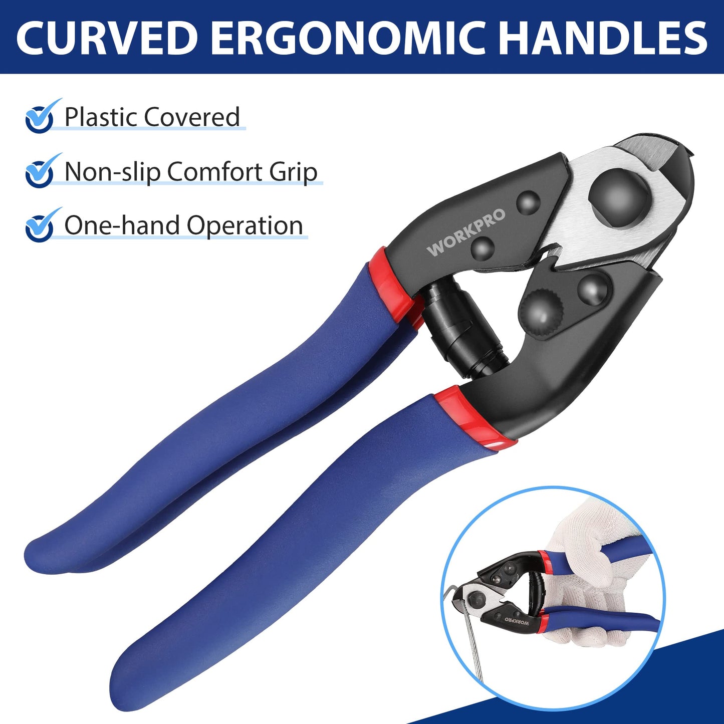 WORKPRO Cable Cutter, 7-1/2 Inch Heavy Duty Wire Rope Cutter, Chrome Vanadium Steel Jaw, For Hard Wire Ropes, Steel Wires And Aircraft Cables