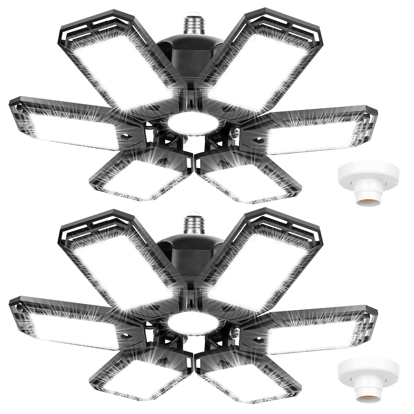 2 Pack 180W LED Garage Lights, 18000LM, 6 Adjustable Panels, Deformable Ceiling Shop Light Fixture, E26/E27 Ultra Bright for Workshop