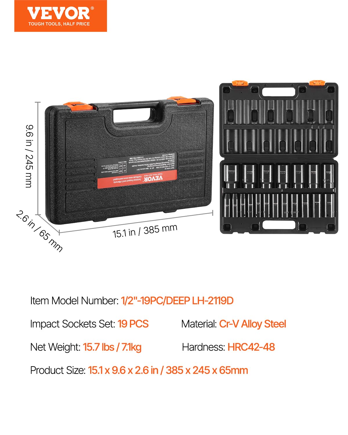 VEVOR 1/2" Drive Impact Socket Set, 19-Piece Deep 6-Point Cr-V Sockets, 3/8"–1-1/2", Heavy Duty with Storage Case